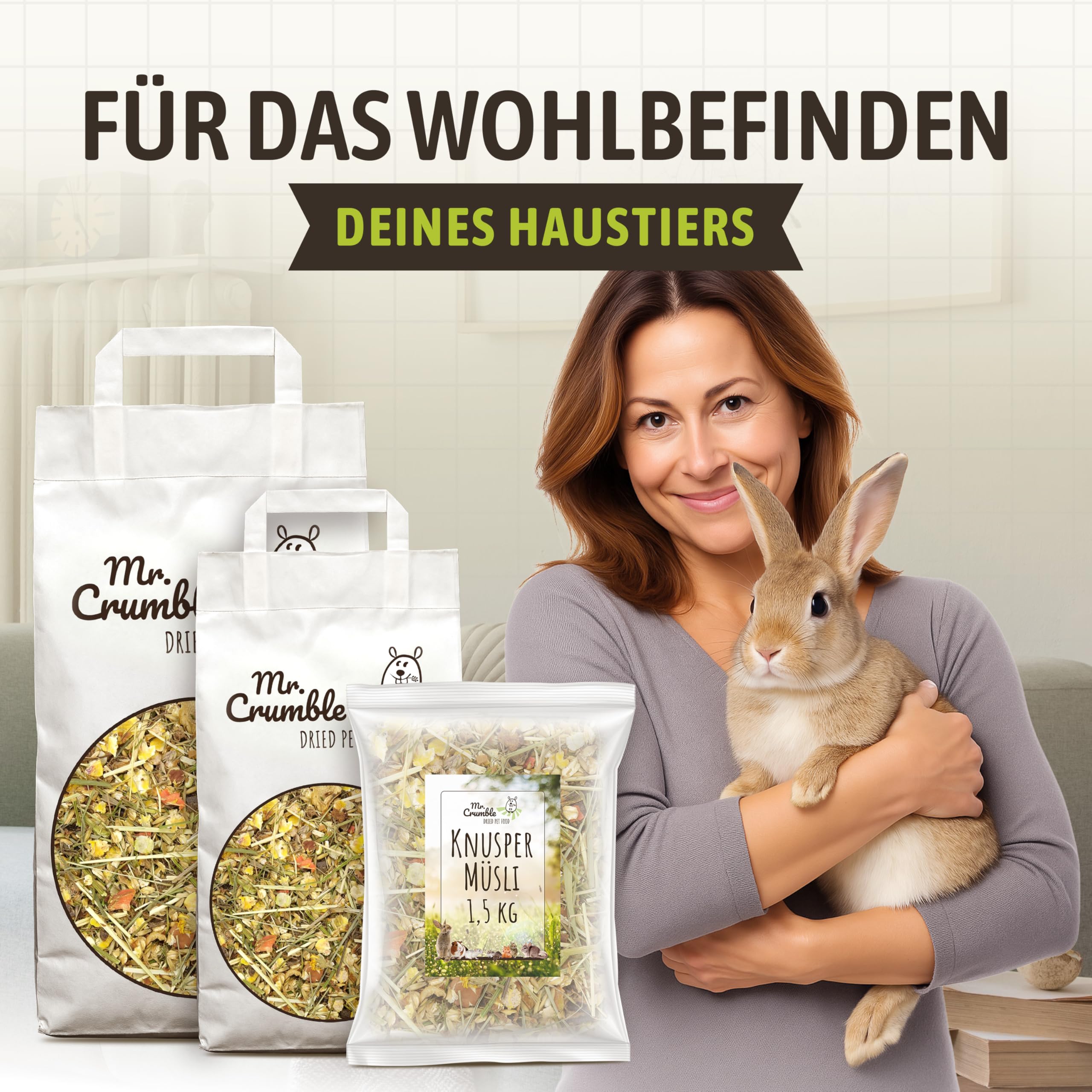 Mr. Crumble Kaninchenfutter 20 kg – Weizenfrei, ohne Pellets – Knuspermüsli mit Kräutern & Gemüse – hoher Rohfaseranteil