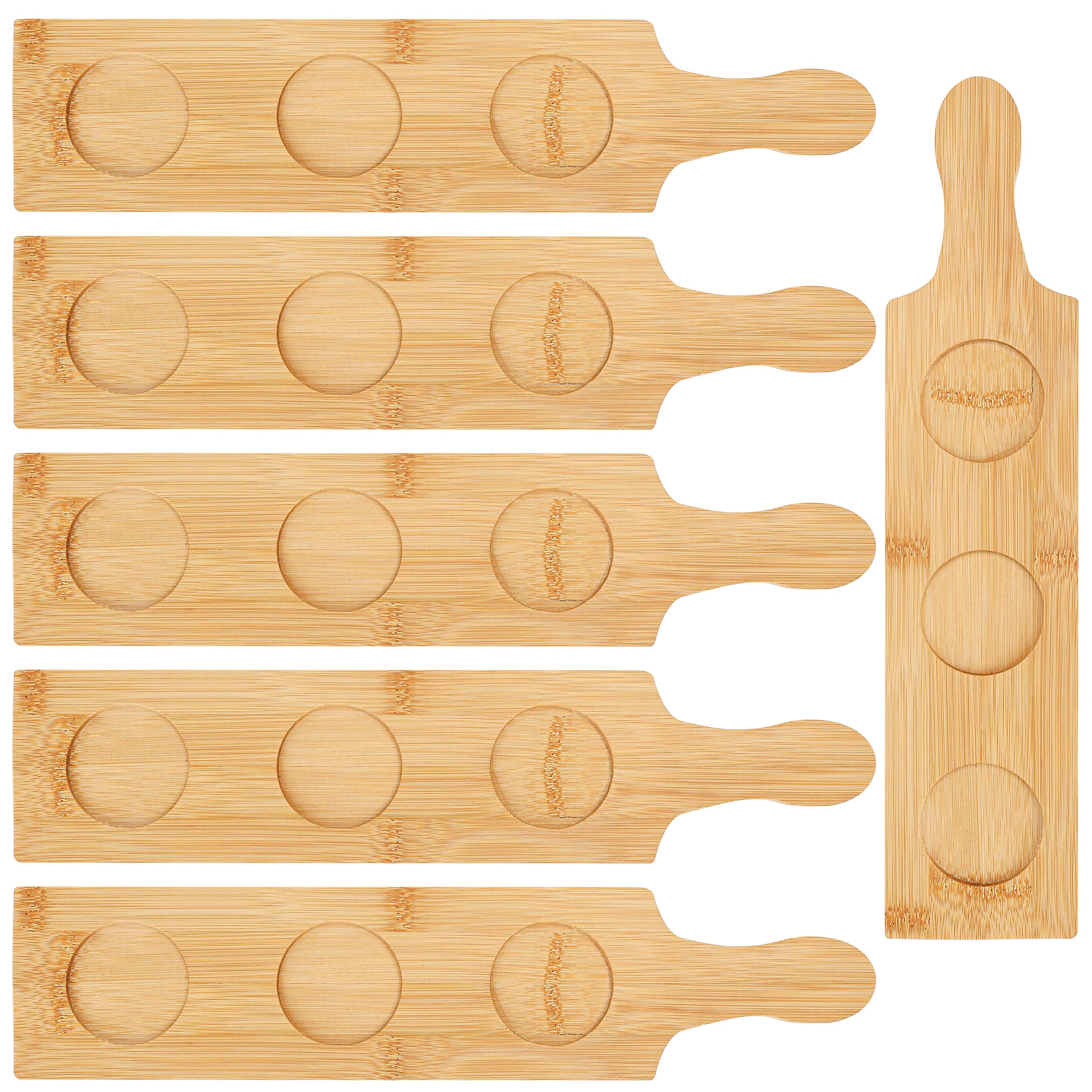 Marsrut 6PCS Flight Board for Tasting, 3 Slots Bamboo Wine Holder Serving Display Rack Paddle 2.17 INCH Dia Base for Whiskey, Beer, Drink Glass Jars (