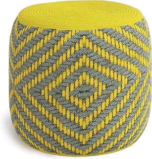 SIMPLIHOME Kent Boho Round Woven Outdoor/ Indoor Pouf in Grey and Yellow Recycled PET Polyester for the Living Room, Family Room, Bedroom and Kids Room