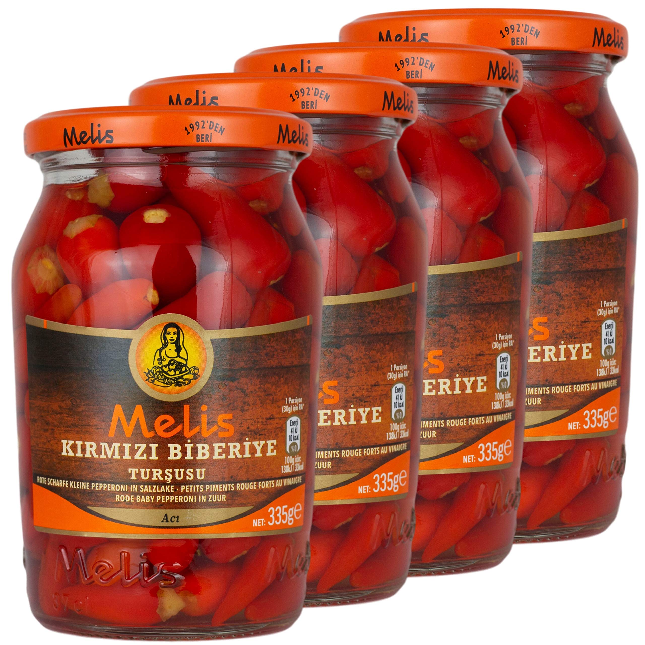 Melis - Kleine scharfe rote Peperoni eingelegt in Salz - Branntweinessiglake (scharf) - Türkische Delikatesse im 4er Set á 335 g Glas