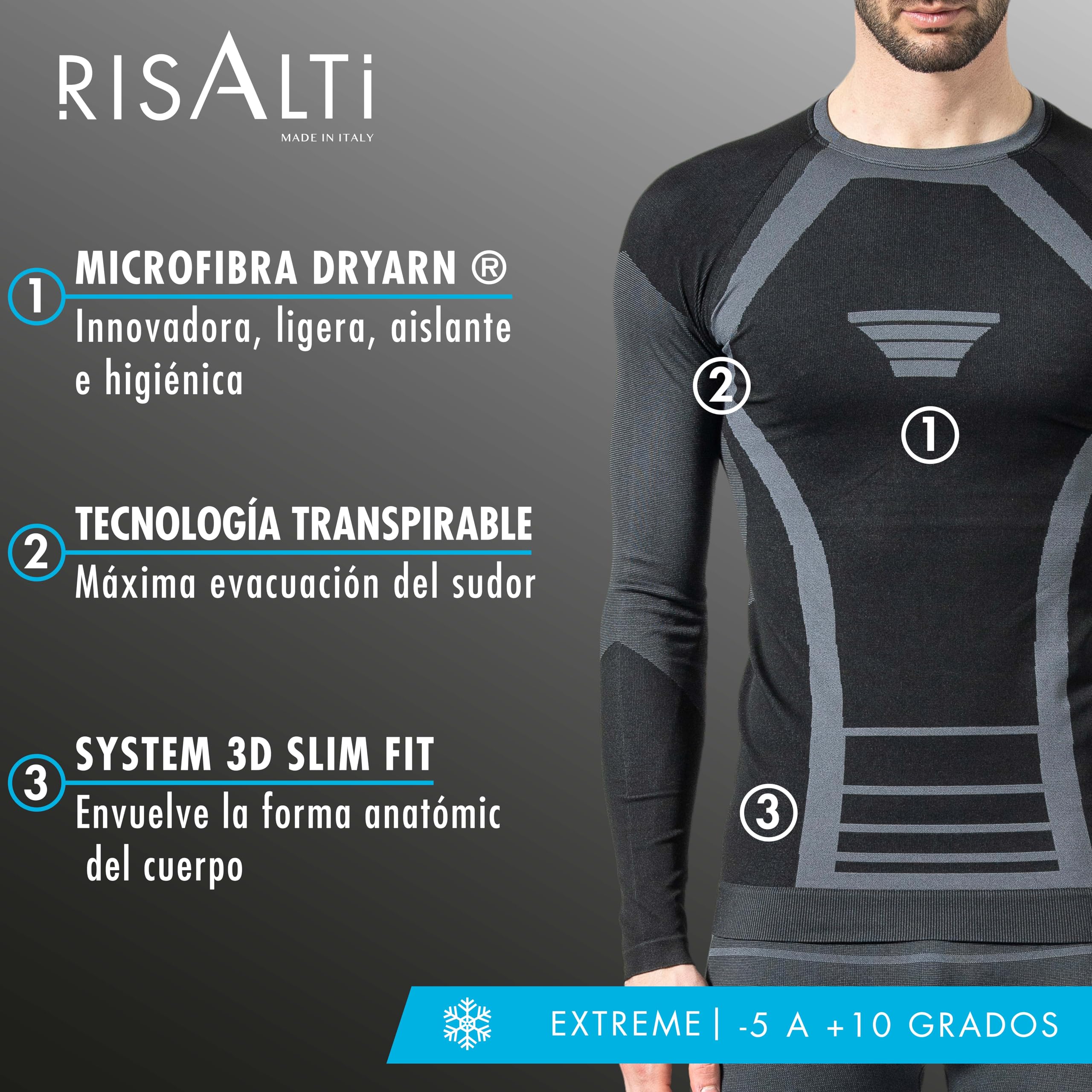 Risalti Camiseta Termica Hombre y Mujer Extreme Unisex - Camiseta Manga Larga Mujer y Hombre, Camiseta Termica Mujer y Hombre Transpirable, Ropa Termica de Invierno Sin Costuras - Made in Italy