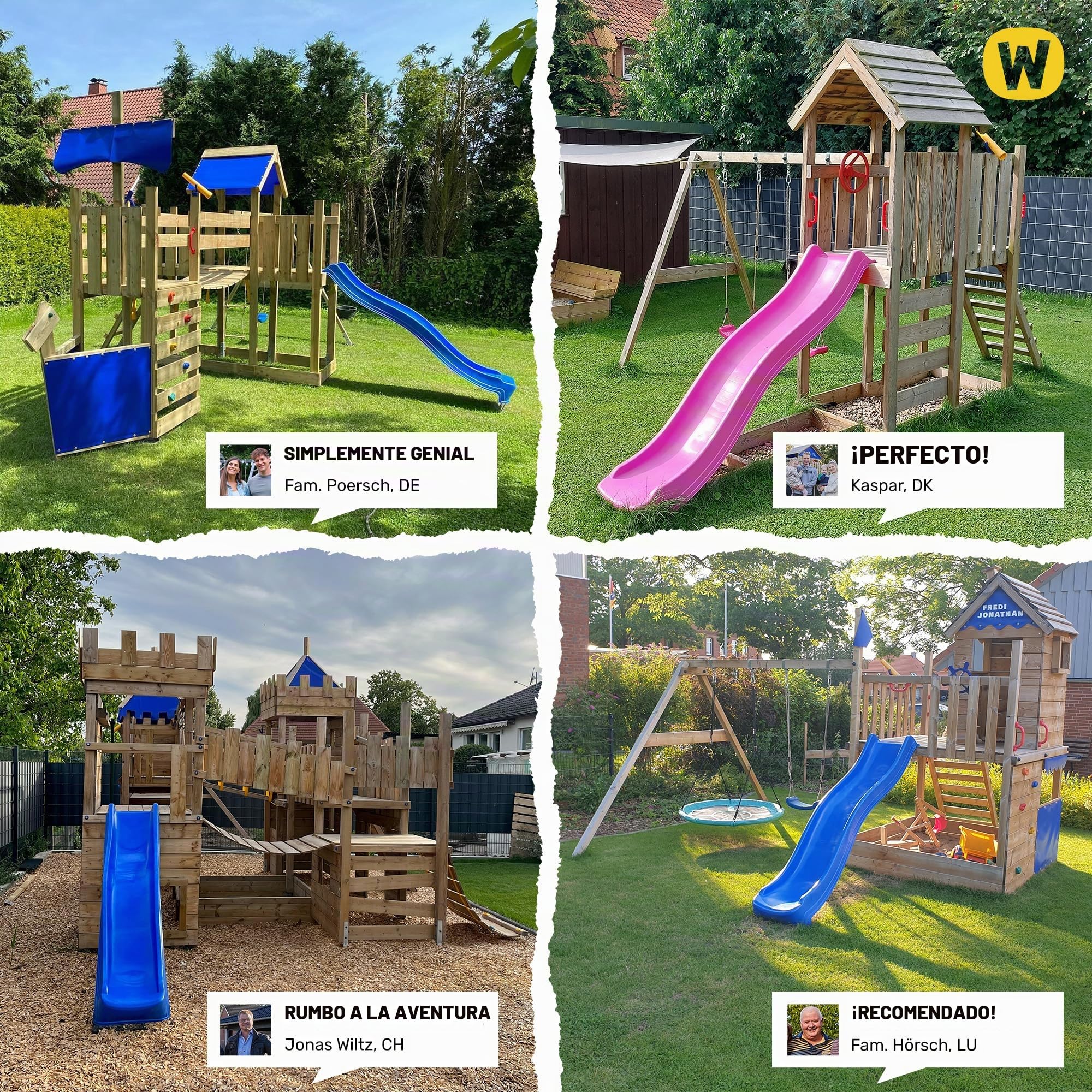 WICKEY Parque infantil de Escalada TurboFlyer con Columpio y Tobogán Azul, Torre de Escalada para Niños al Aire Libre con Arenero, Escalera y Accesorios de Juego para el Jardín