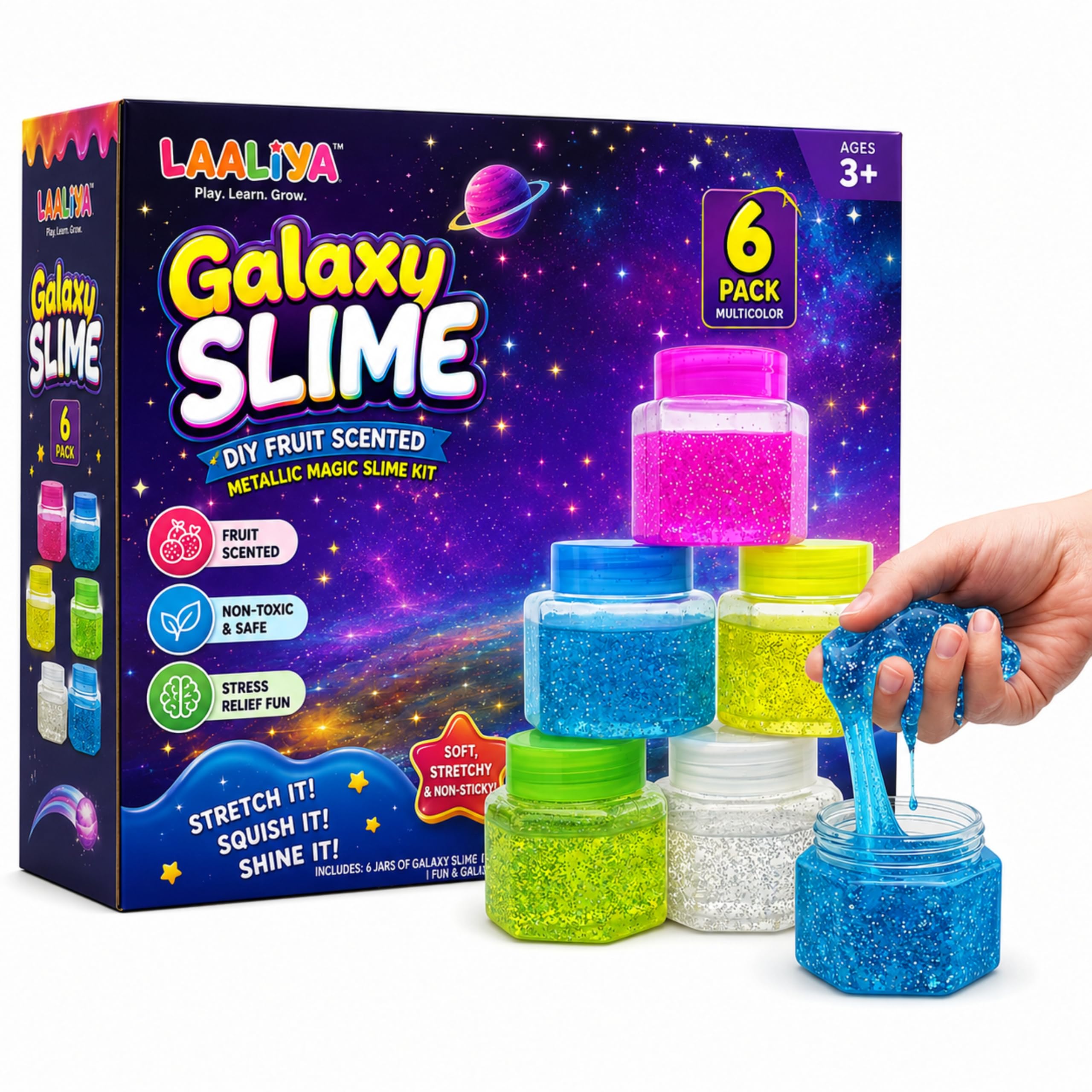 Galaxy Slime for Kids DIY - Fruit Scented Metallic Magic Toy Slimy Gel Jelly Putty Art Kit | Non-Toxic Stress Relief Toys, Birthday Gift Box for Boys & Girls 3 to 10 Years (Multicolor Pack of 6)-image-45