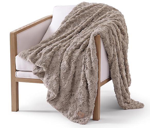 UGG Adalee Faux Fur Throw Blanket Luxury Lightweight Cozy Soft Throw for Couch Bed or Chair Hypoallergenic Machine Washable Double-Sided Fluffy Blanket Home Decor, 50-inch x 70-inch, Oyster Brown - Brown - Throw