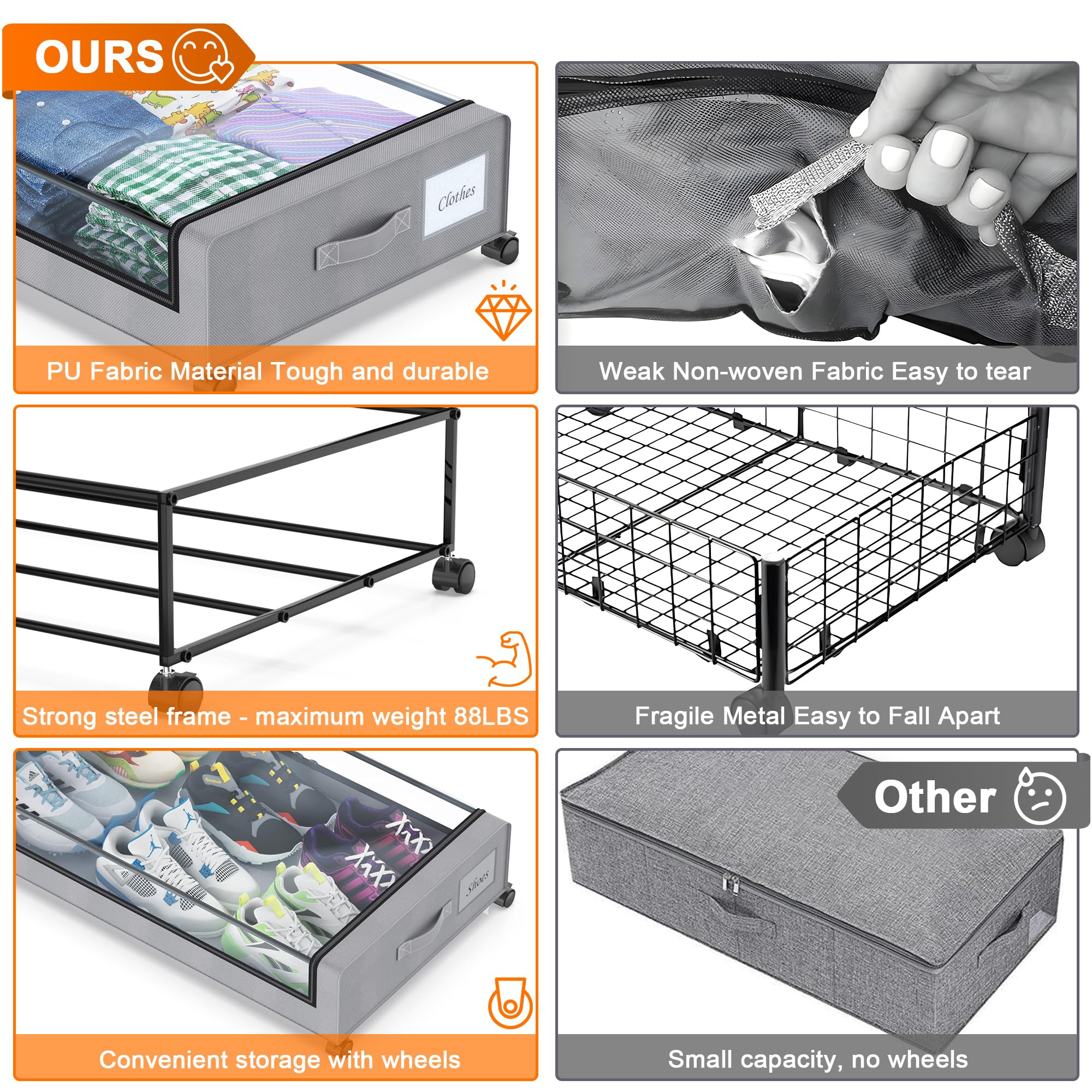 Unterbettkommode mit Rollen, 2 Stück, Unterbett-Aufbewahrungsbehälter mit transparenten Deckeln, XXL 60 l, Unterbett-Organizer, Metallschublade für Kleidung, Schuhe, Spielzeug (Grau, 2 Stück)
