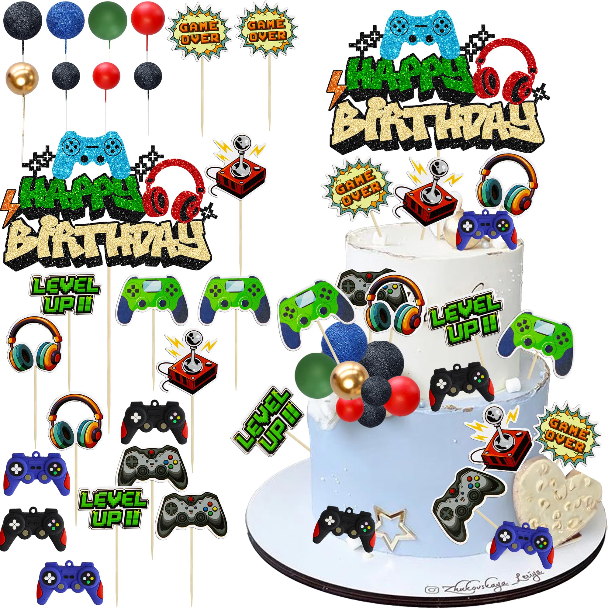 Gyufise 25Pcs Video Game Cake Toppers Video Game Happy Birthday Controller Headset Cake Decoration Ball Cake Decoration for Game Theme Birthday Party Cake Decoration Blue Colorful