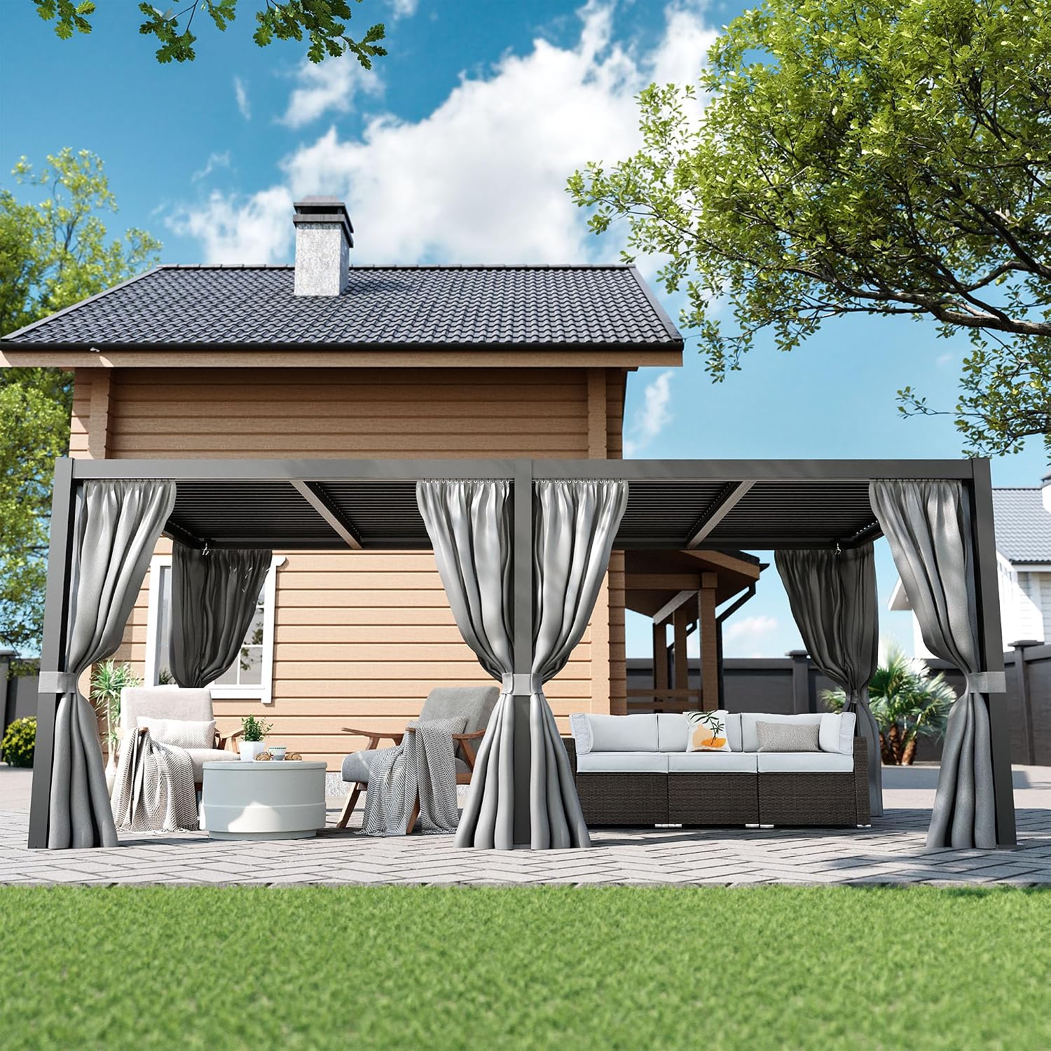 COSIEST 10x20 ft Aluminum Louvered Pergola, Upgraded Outdoor Patio Gazebo with Adjustable Roof, Waterproof Heavy Duty Cabana with Mosquito Netting & Privacy Curtains for Backyard Deck, Black