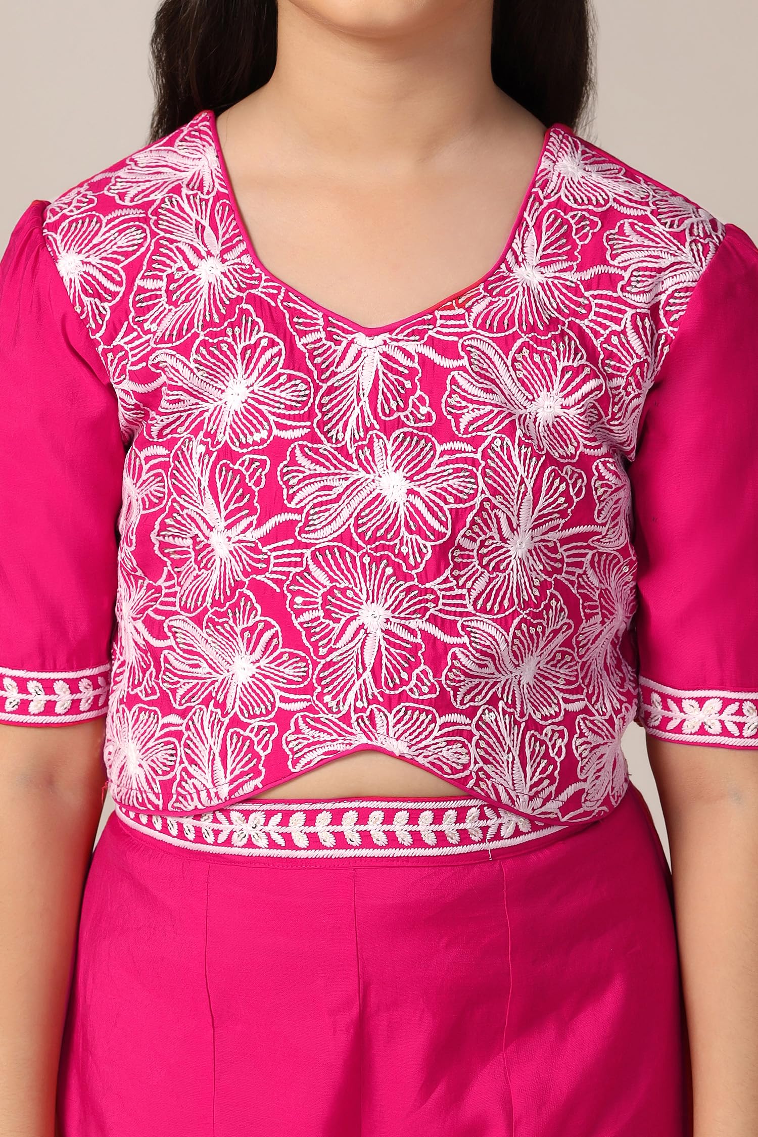 Fashion Dream Girl's Silk Blend Ethnic Top and Palazzo Set |Kids Salwar Suit Set|Embroidered Suit for Girls|Indo Western Set (FDGSET00226 PNK 32_Pink_9-10 Years) - Image 4 thumbnail