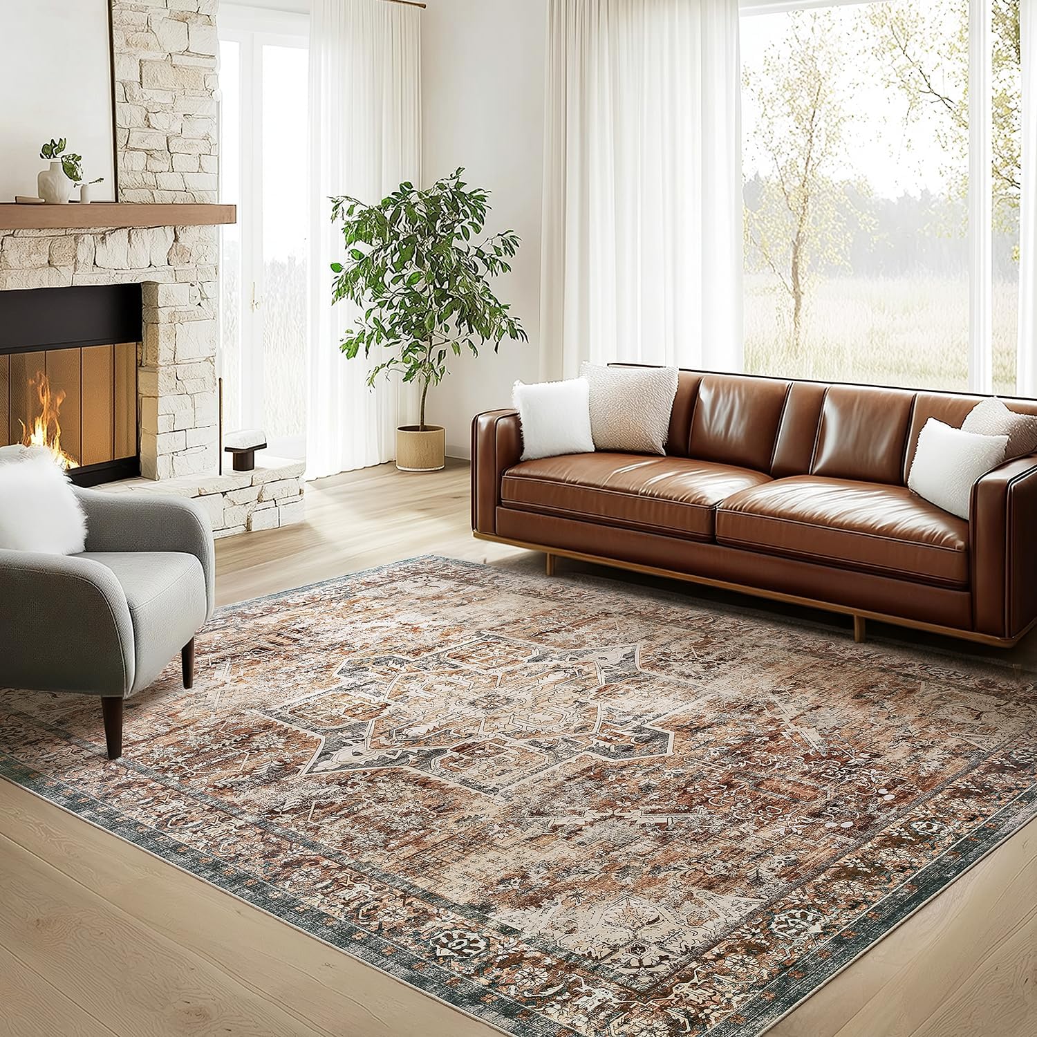 Area Rug 8x10 Machine Washable Non Slip Rug Vintage Carpet Low Pile Soft Carpet Stain Resistant Durable for High-Traffic Areas in Living Room, Bedroom, Dining Room, Home Office, Guest Room