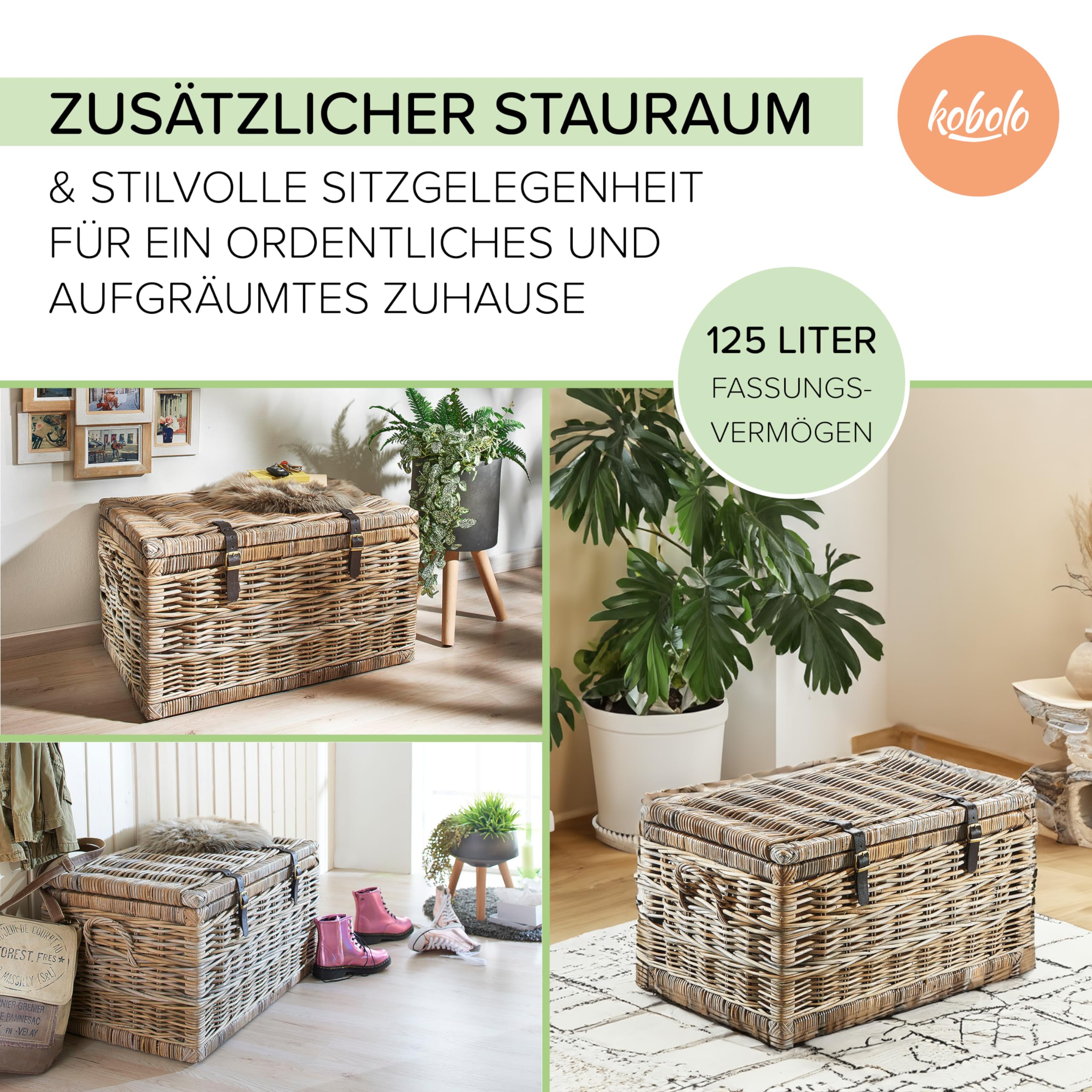 Kobolo Truhe Korbtruhe Sitztruhe - Rattan - grau - mit Staufach - 70x45x40 cm
