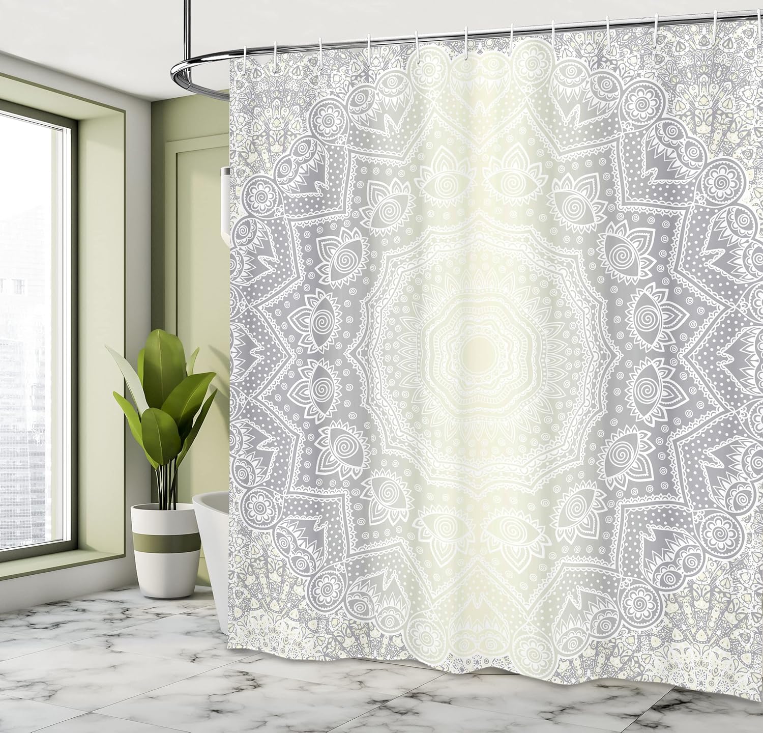 Ambesonne Grey and White Shower Curtain, Culture Mandala Circle Ombre Art Cosmos, Cloth Fabric Bathroom Decor Set with Hooks, 69" W x 84" L, Grey Ivory