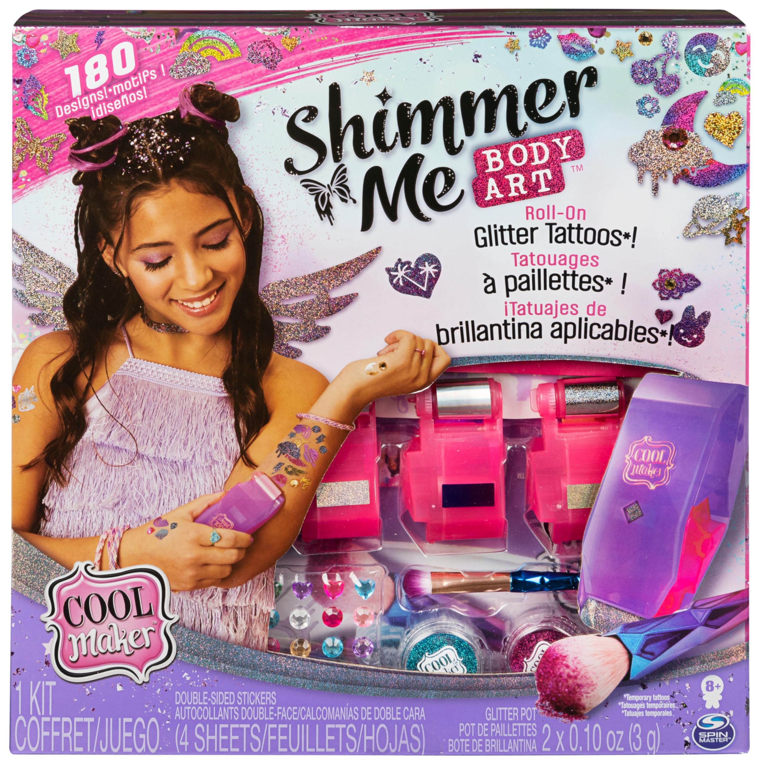 Cool MAKER - Shimmer ME Body Art - Kit de Tatuajes Temporales Niñas con Rodillo, 4 Películas de Efectos Metalizados y 180 Diseños - 6061176 - Juguetes Niñas 8 Años +