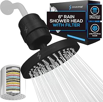 SparkPod Luxury Filtered Shower Head Set 23 Stage Shower Filter - Reduces Chlorine and Heavy Metals - High Pressure Showerhead Filter (6" Round, Midnight Black Matte)