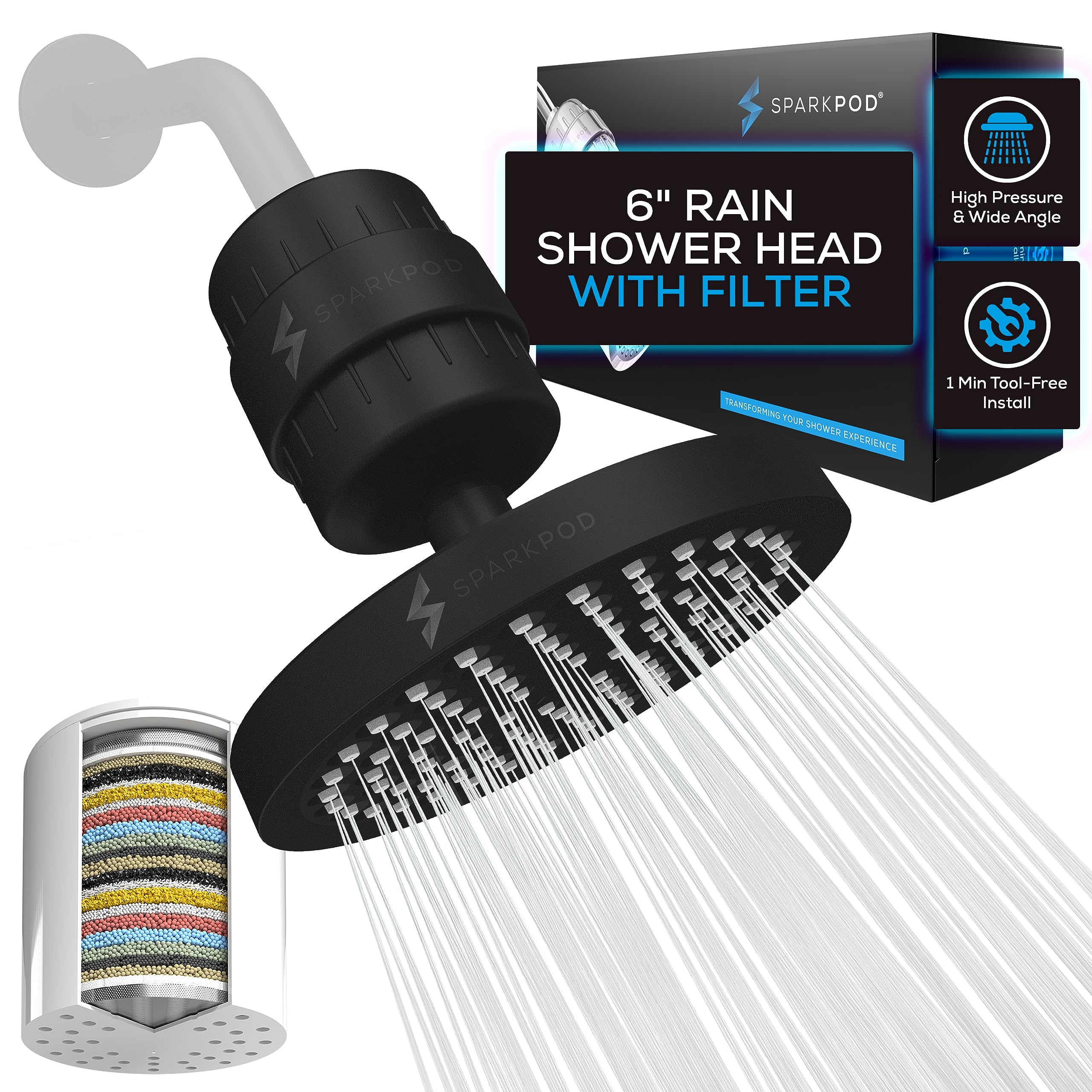 SparkPod Luxury Filtered Shower Head Set 23 Stage Shower Filter - Reduces Chlorine and Heavy Metals - High Pressure Showerhead Filter (6" Round, Midnight Black Matte)
