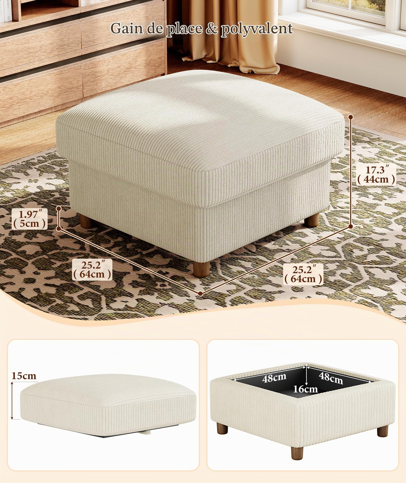 Kidirect Canapé en velours côtelé 1 place, 64 cm, pour salon, beige