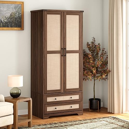 Yechen 71" Wooden Armoire Wardrobe Closet - Modern Functional Clothes Tall Storage Cabinet with Adjustable Shelf and Hanging Rail, Sturdy Freestanding Closet Wardrobe with 2 Wide Drawers for Bedroom