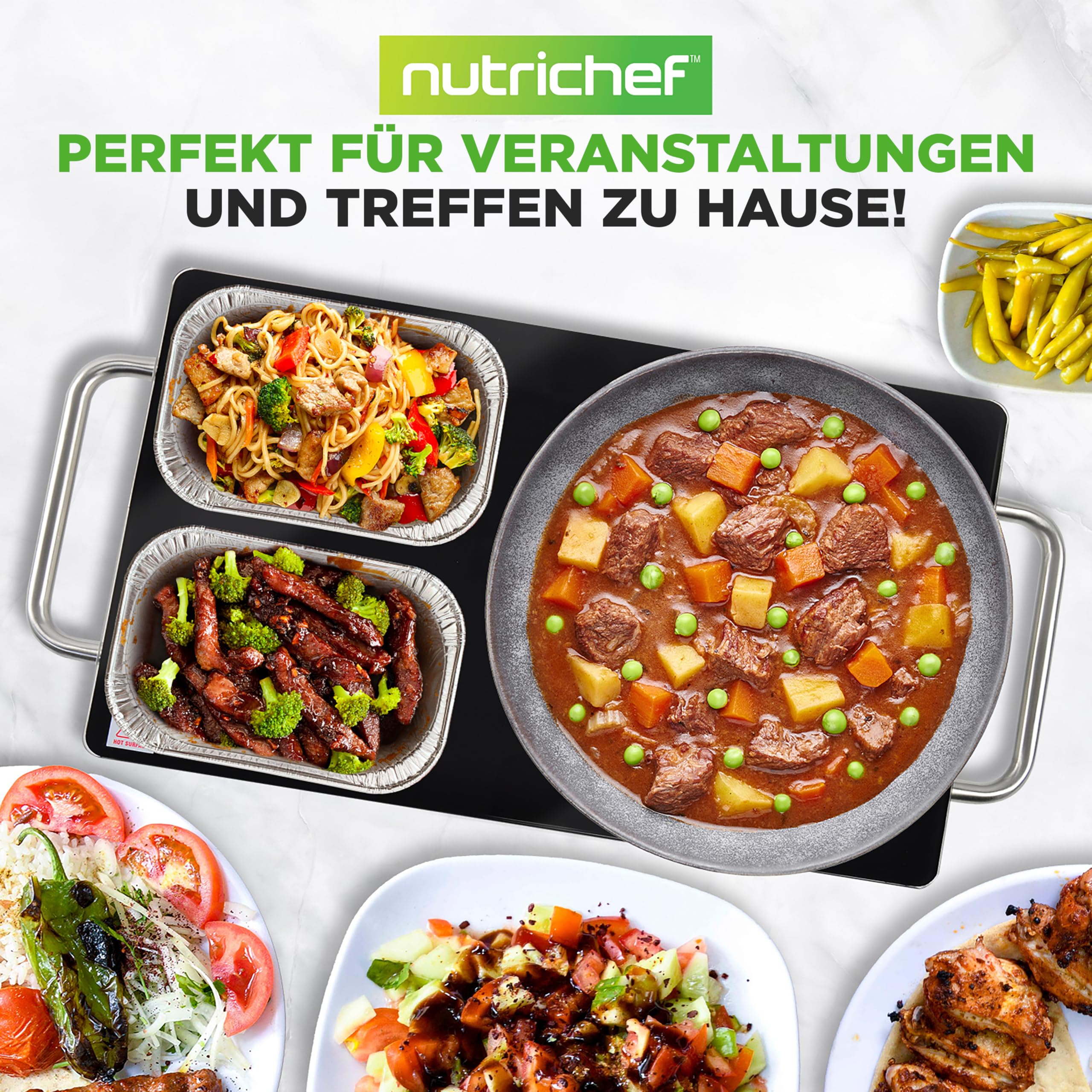 NutriChef Warmhalteplatte Elektrisch 50,8 x 30,5 cm Glas-Kochplatte Schwarz