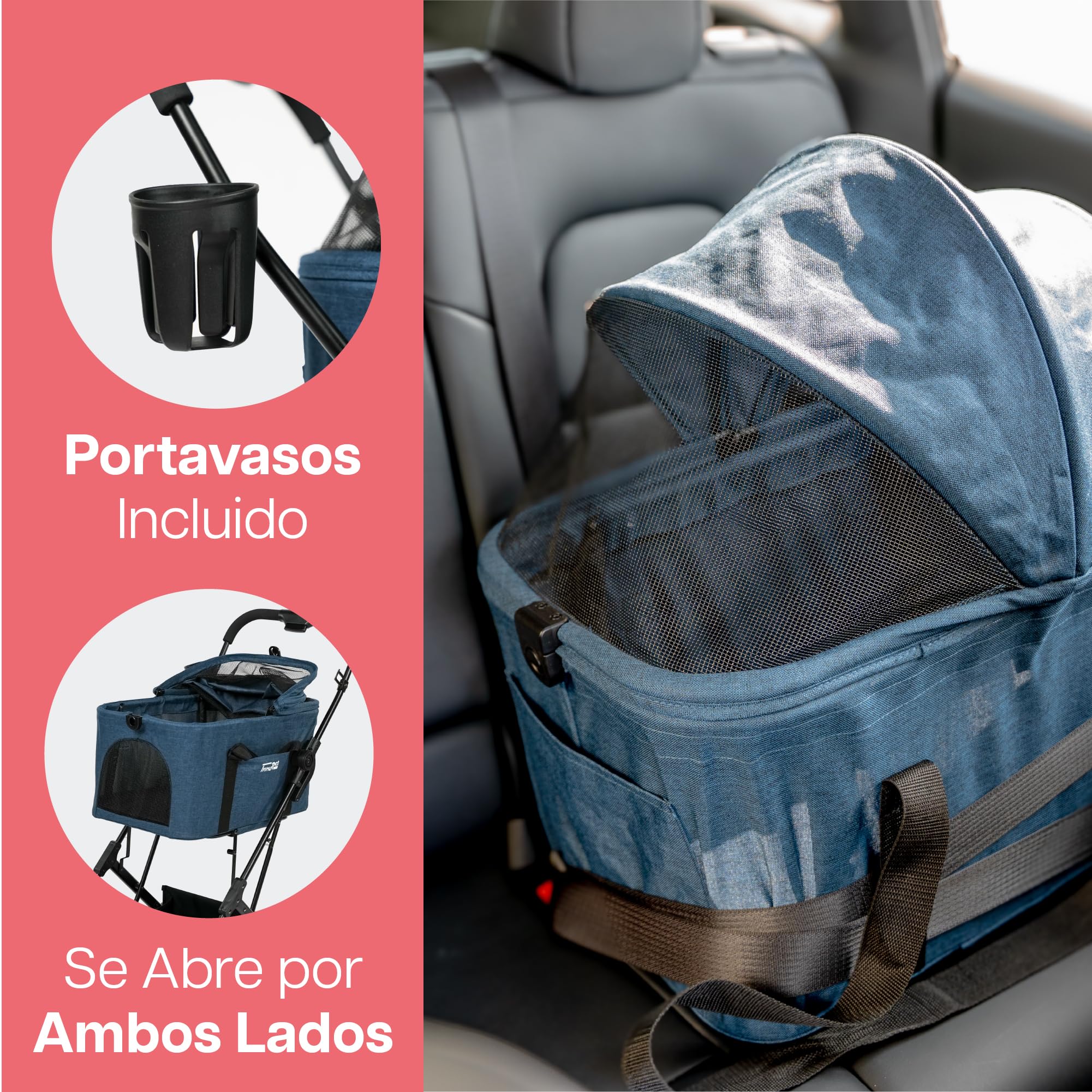 Innopet 2 en 1 carrito compacto - Cochecito plegable con transportín desmontable y asiento de coche, para perros y gatos hasta 20kg, con cesta y portavasos