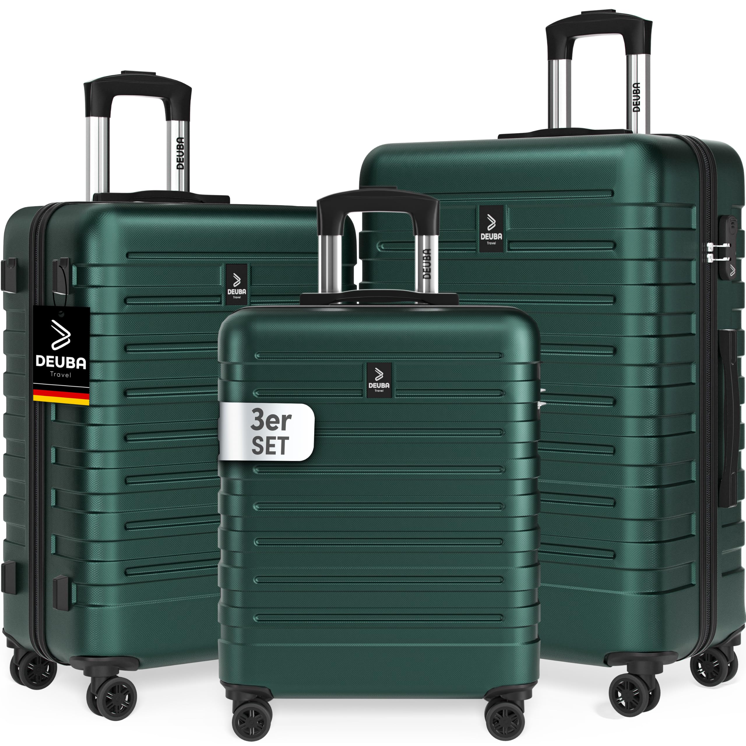 DEUBA® TRAVEL Koffer Set 3tlg 55x40x20 Sicherer Stauraum Kreuzgurt PVC Fach Reisekoffer Groß Trolley Suitcase mit 360° Rollen Hartschalenkoffer Handgepäck Koffer Dunkelgrün