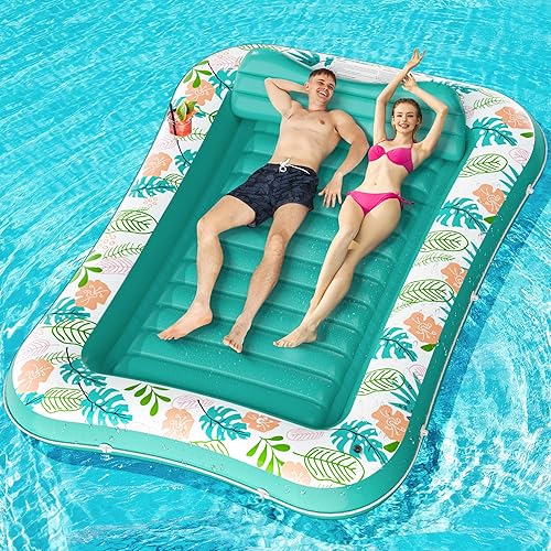 Flotador inflable para tumbona para piscina, 87 x 63 pulgadas, flotadores de piscina para adultos con almohada y soporte para tazas, 4 en 1 relleno