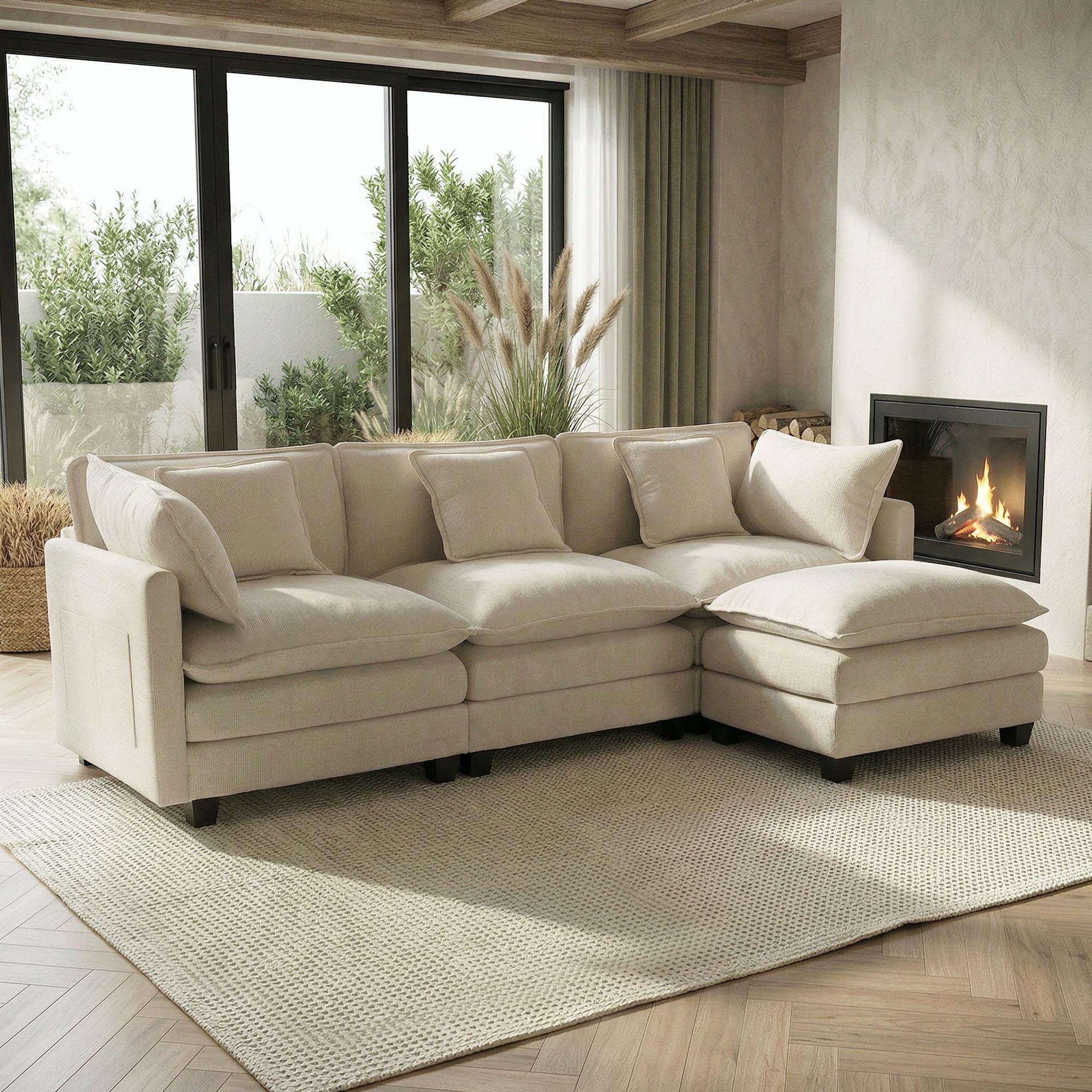 GRAVFORCE 239cm Ecksofa mit Schlaffunktion L Form 3 Sitzer Sofa mit 2 beweglichen Hockern Cloud Couch Big Sofa Modulares Sofa mit tiefer Sitz für Wohnzimmer Wohnung Büro Chenille