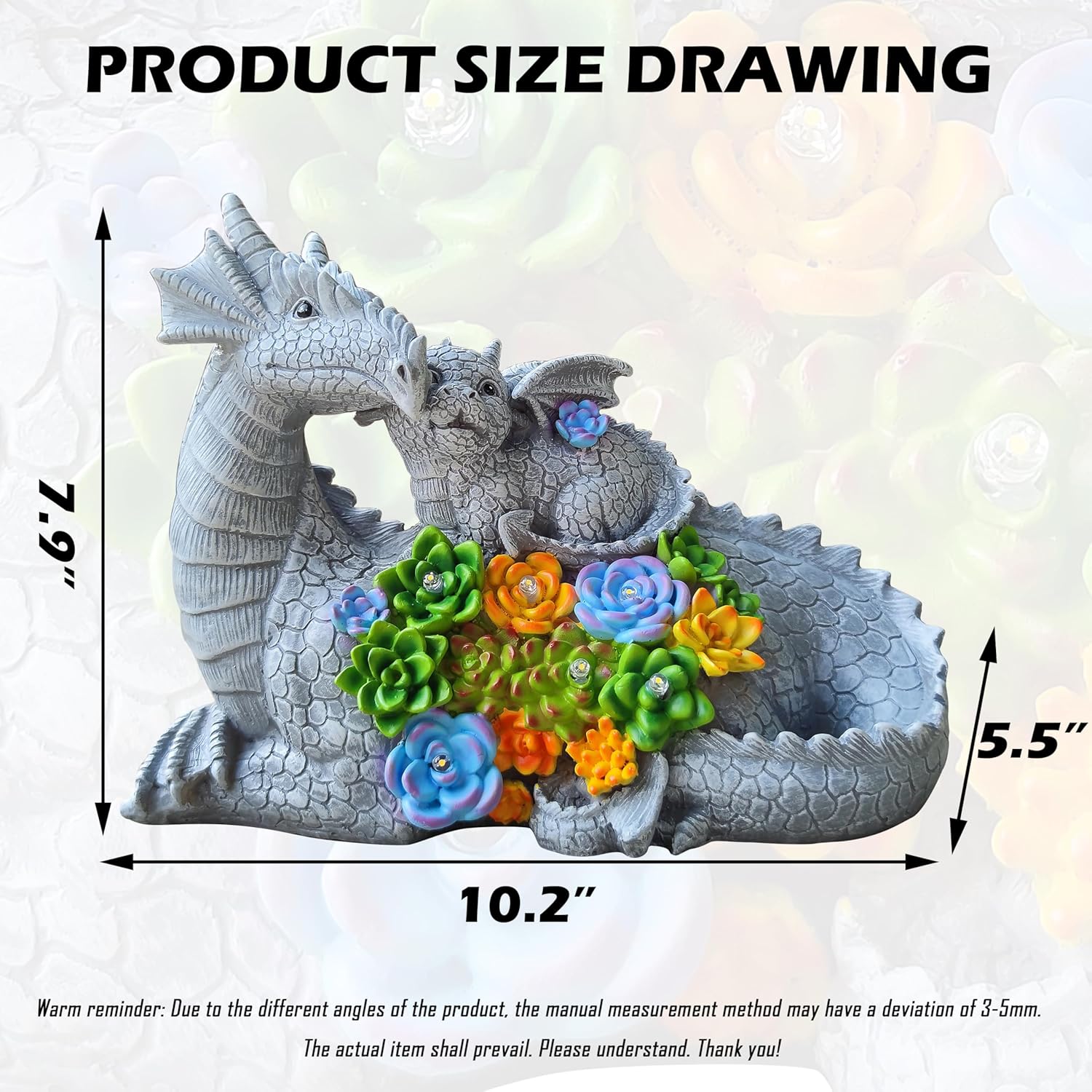 Dragon Solar Garden Statues Outdoor Decoration with Succulent and 6 LED Lights,Dragon Figurine Solar Lights Lawn Décor,Outside Statue Ornament for Patio, Balcony, Yard,Unique Gift for Mom