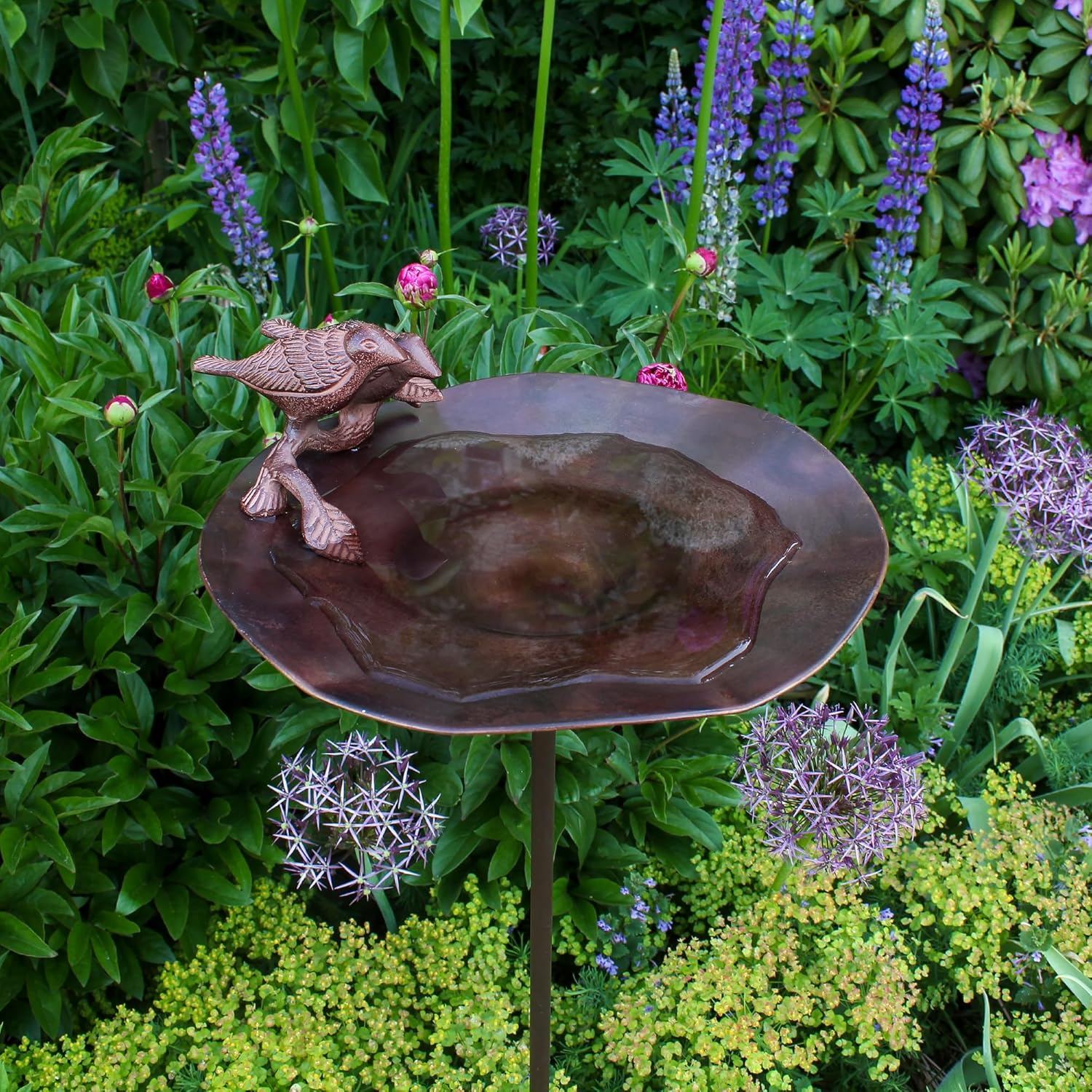 Antiqued Birdbath w/Birds- Stake