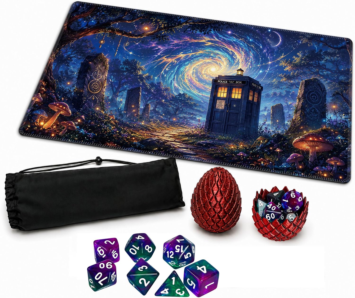 TCG Playmat Set Compatible with Magic: The Gathering, 24 x 14 in Non-Slip Stitched Card Game Mat with Oxford Carry Bag, Dragon Egg Dice Holder, 7 Polyhedral Dice