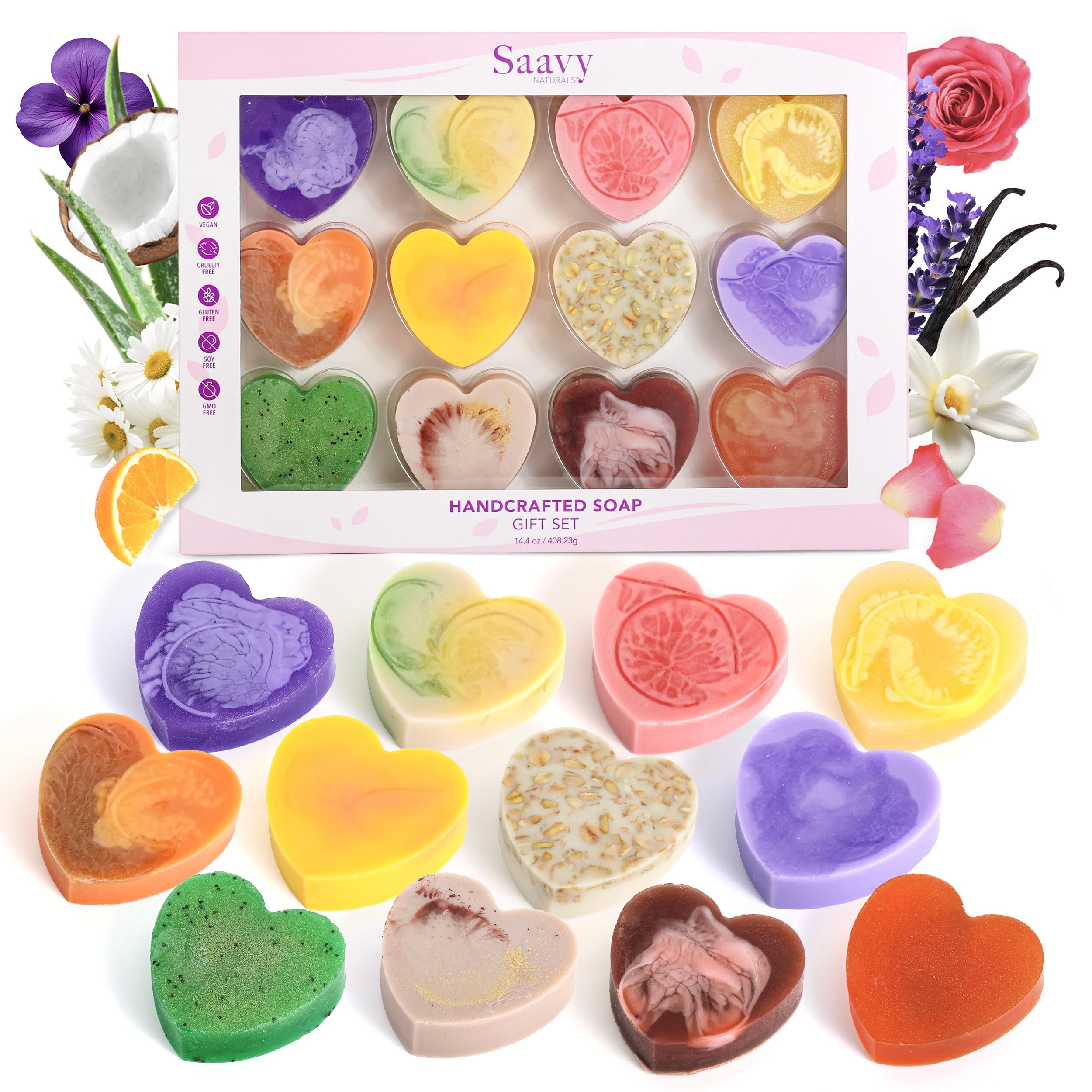 Saavy Naturals Mini Heart Shaped Soap Gift Set Moisturizing Mini Artisan Bars – Plant-Based, Hydrating and Purifying Self-Care for Men & Women - Romantic Spa Gift for Wife, Husband, 12-pack
