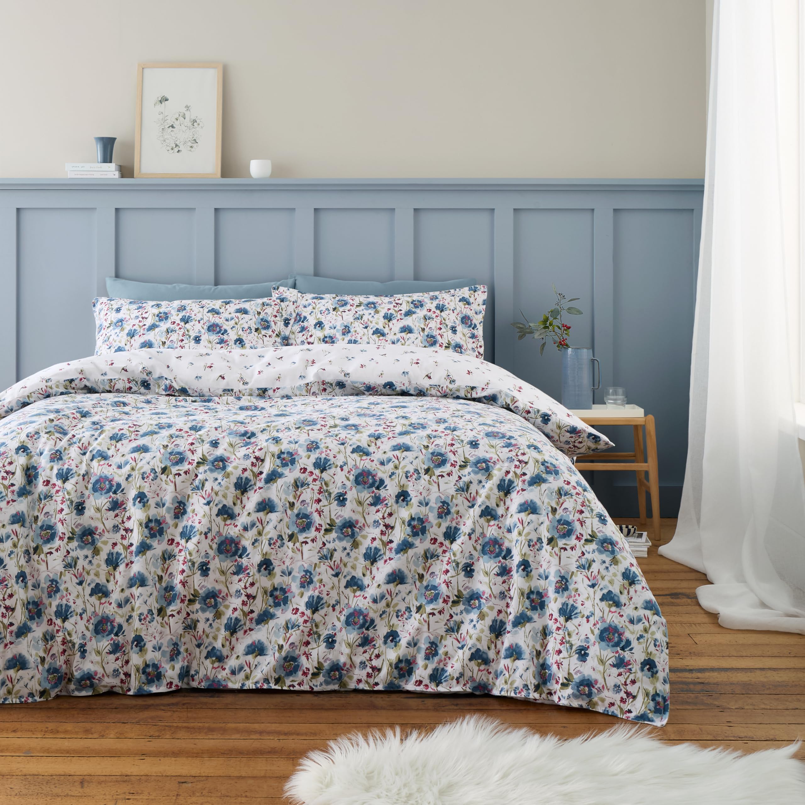 Bianca Brushed Cotton Ophelia Floral Reversible Duvet Cover Set With Pillowcase Blue from B&Q