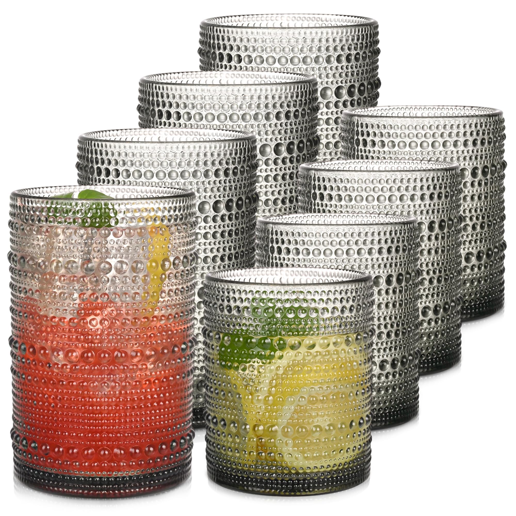 Gray Hobnail Drinking Glasses Set of 8，15 oz Vintage Highball Glassess &amp; 12 oz Cocktail Glasses，Drinkware Kitchen Glasses for Cocktail, Iced Coffee, Beer, Ice Tea, Wine, Whiskey, Water