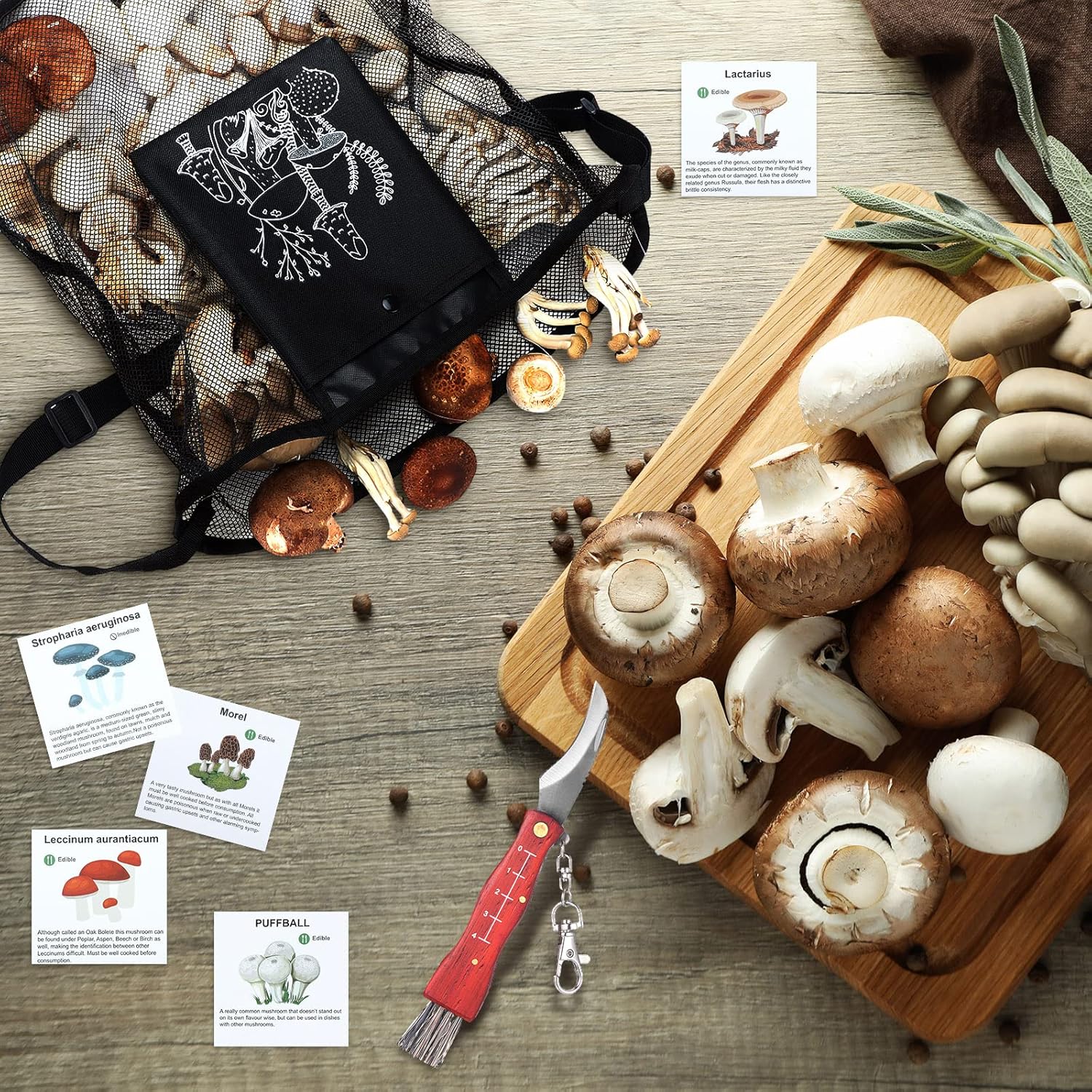 Seajan 18 Pcs Mushroom Foraging Kit with Hunting Bag, Knife Brush Guide Cards and Notebook for Mushroom Lovers(Black)
