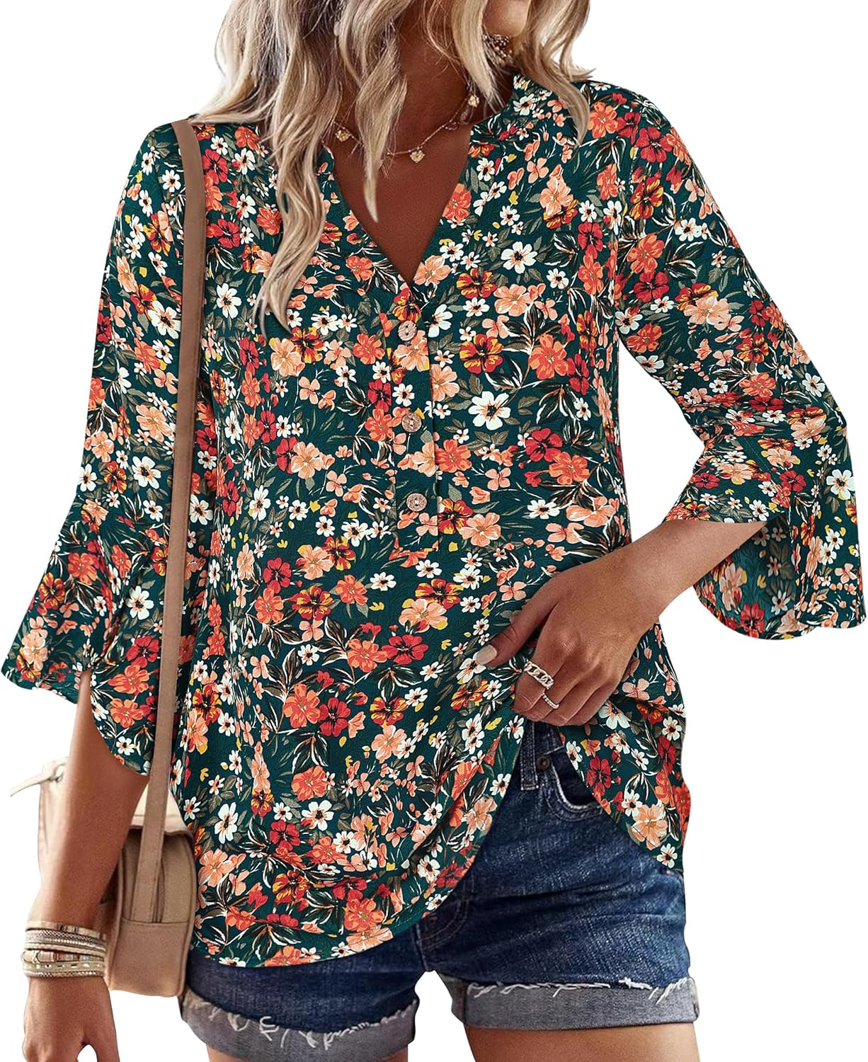 Womens Boho Tops Ruffle 3/4 Sleeve Button V-Neck Dressy Casual 2025 Fall Bell Sleeve Floral Business Blouses