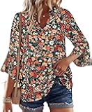 Boho Tops for Women 3/4 Sleeve Casual Floral Blouses Sleeve Button V-Neck Business Trendy Shirts Orange M