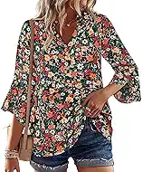 Boho Tops for Women 3/4 Sleeve Casual Floral Blouses Sleeve Button V-Neck Business Trendy Shirts Orange M
