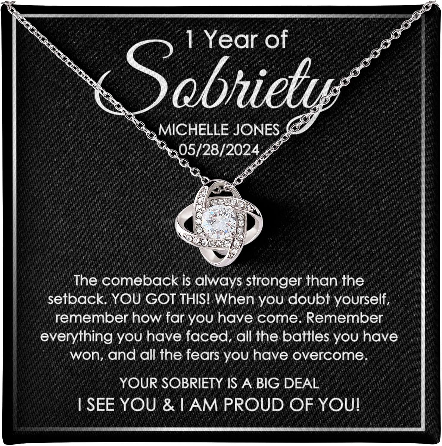1 Year Sobriety Anniversary Love Knot Necklace Message Card Box Mahogany - The Comeback - Gift for Women Sober Celebration Appreciation