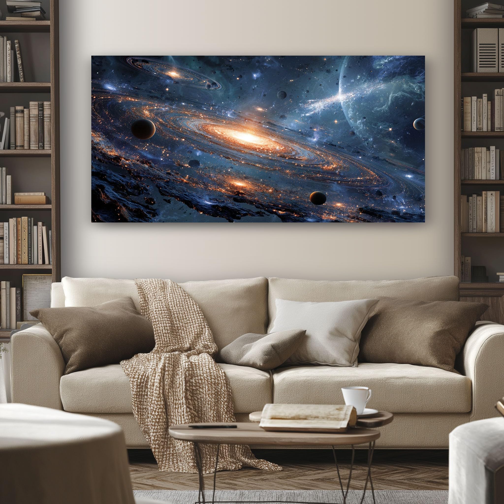 Generico Quadro su Tela Universo Fantasy Decorazioni Parete Senza Cornice | Soggiorno Stelle Di Fantascienza Quadri per Cucina e Salotto, Arte da Parete XXL Blu E Oro Quadro Moderno 80x160 cm