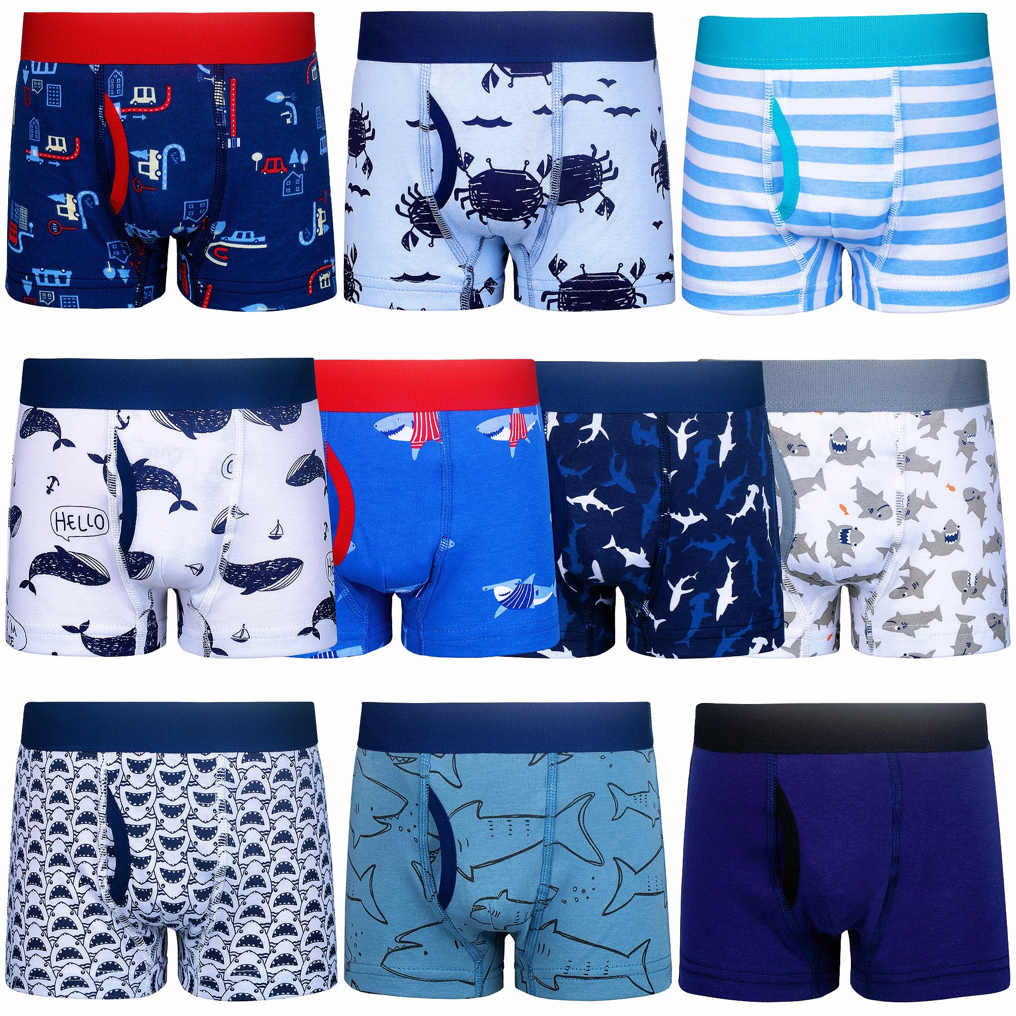 BIG ELEPHANT Boys Boxer Briefs 10-Pack 100 Cotton Toddler Underwear Dinosaur and Car Print Soft Breathable Underpants