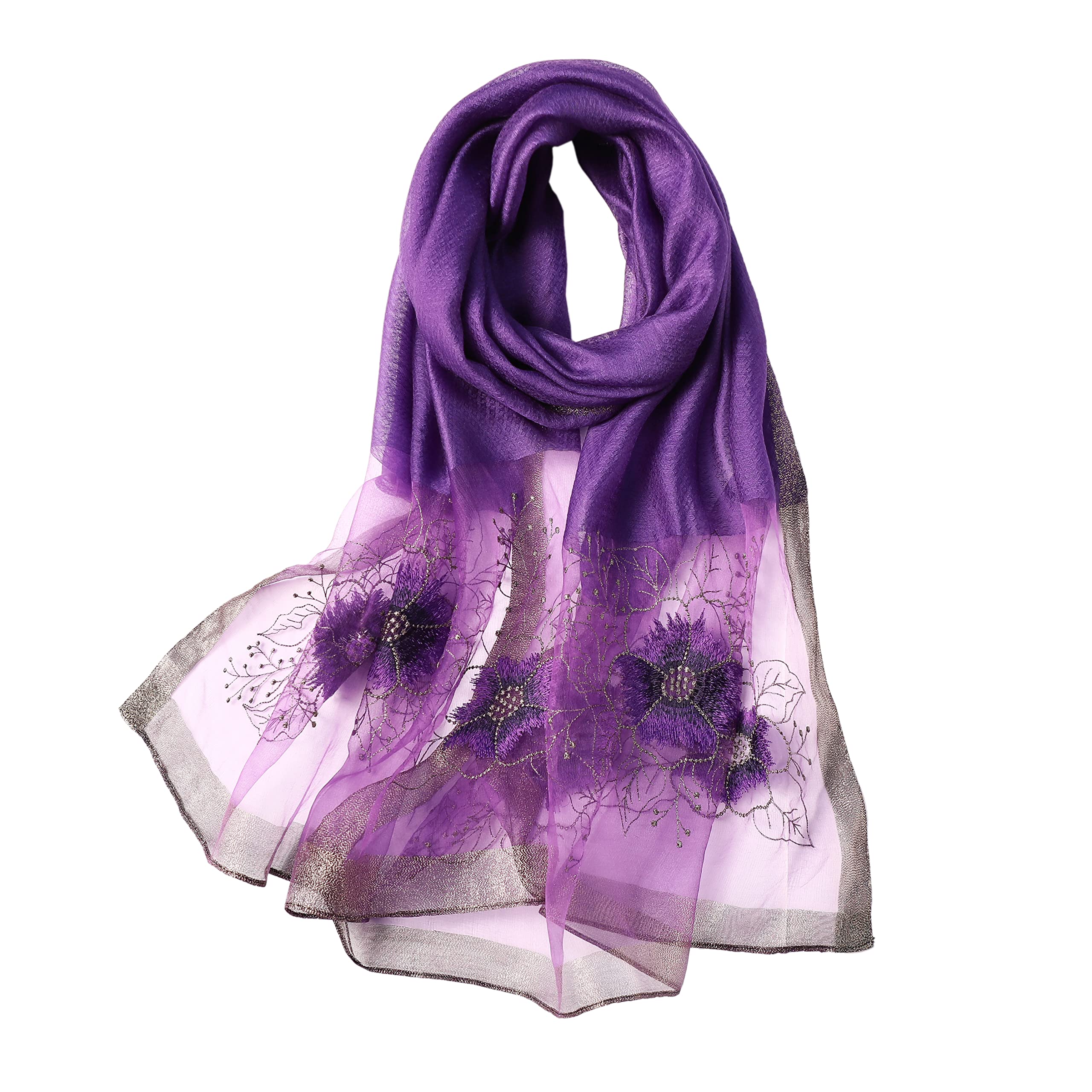 WINCESS YU Damen Maulbeerseide Schal Lang & Groß Stickerei Blumenmuster Schal und Wraps Halstuch für Haar & Hals, Violett, Einheitsgröße