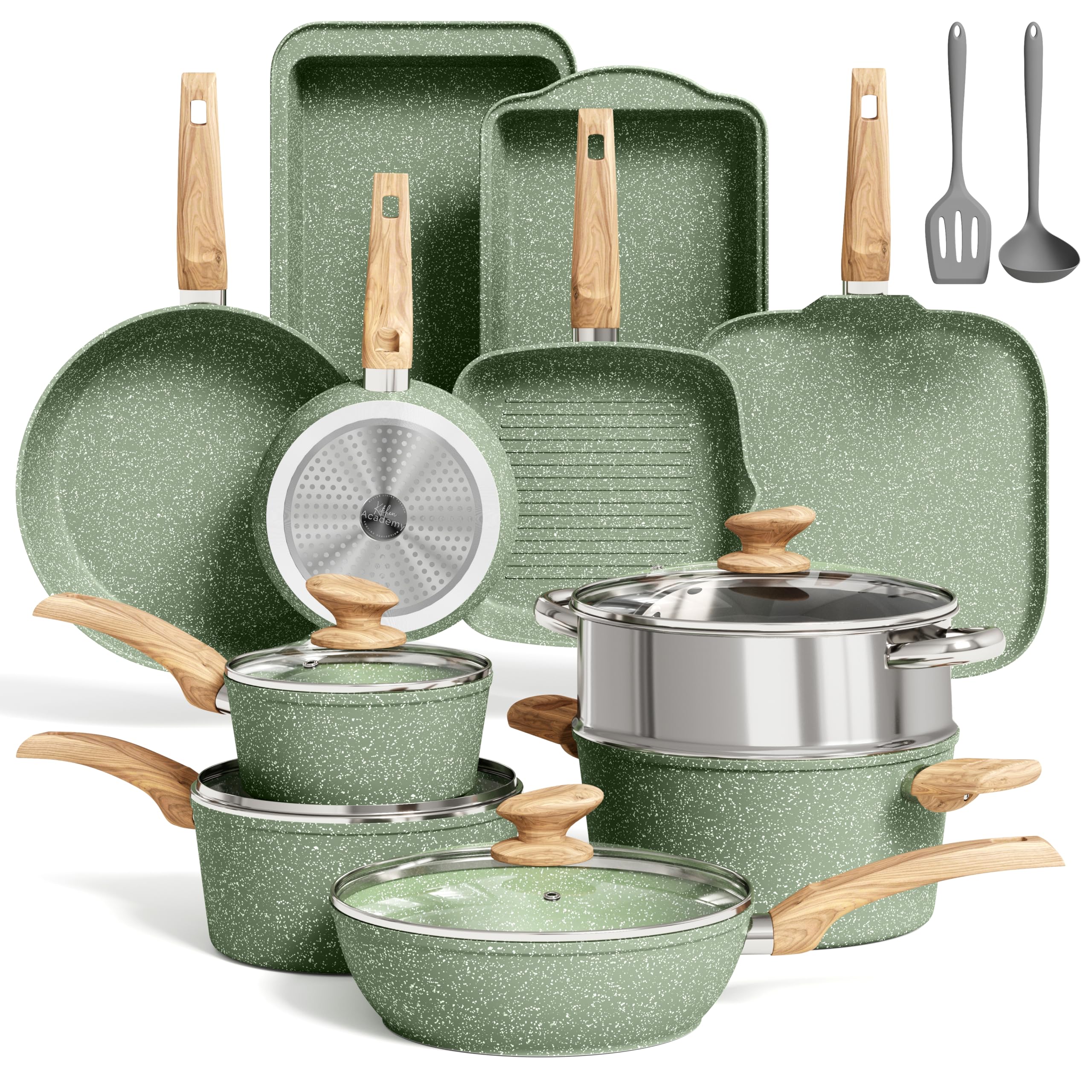 MAISON ARTS 17-Piece Pots and Pans Set - Kitchen Cookware Sets with Nonstick Granite Stone Coating, Induction, Dishwasher Safe, Green