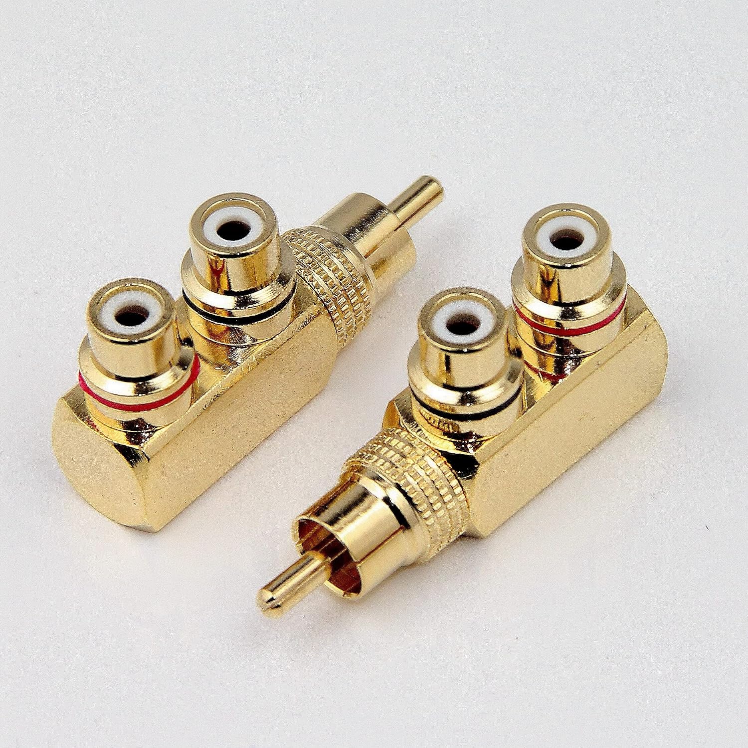 RHINORO (Pack of 2) Premium Copper RCA Right Angled Mono Y Splitter Connectors Male to Female for Audio AV TV Video Adapter Phono Cable Lead