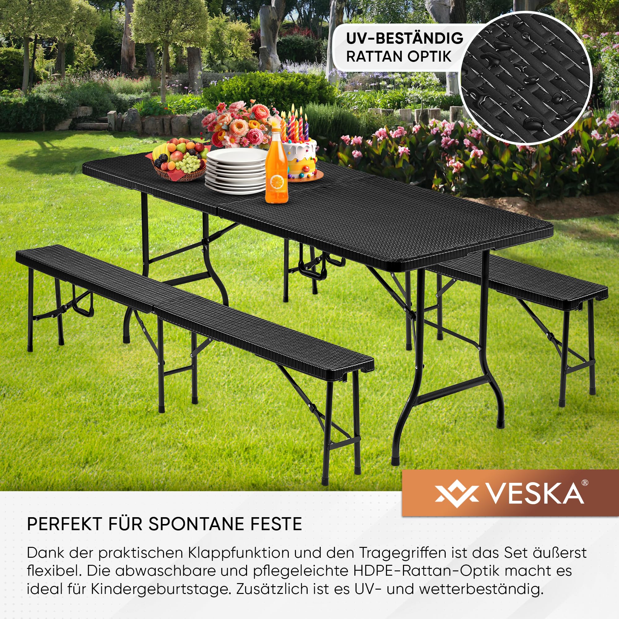 VESKA® Bierzeltgarnitur 3-teilig Set Tisch + 2x Bank, wetterfest für drinnen und draußen, klappbar mit Tragegriffen, Kunststoff, Gartengarnitur, Klapptisch, Gartentisch 180 cm Rattan-Optik (anthrazit)