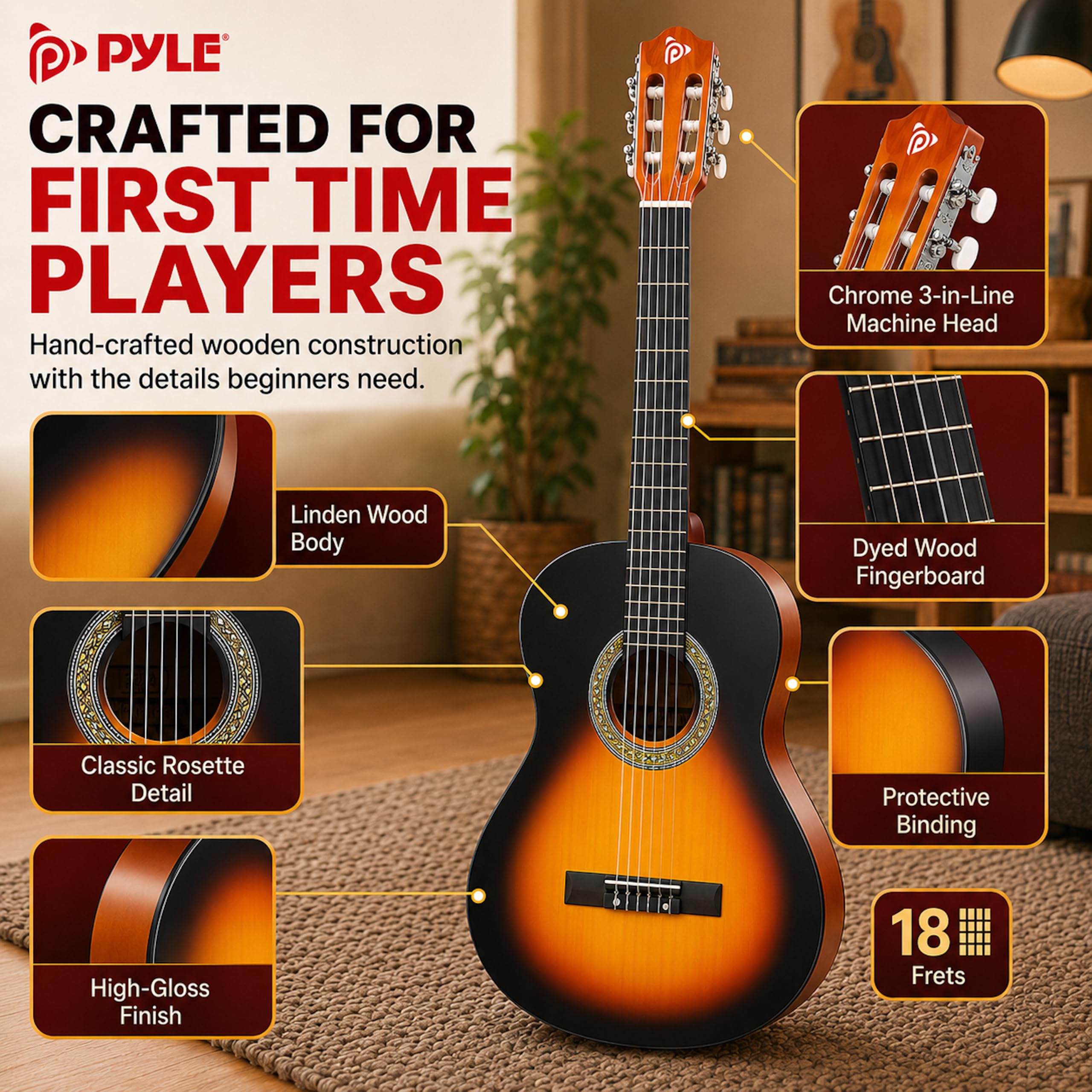 Pyle Zestaw Gitary Akustycznej Dla Początkujących, Instrument Drewniany Junior 1/2, 34" Sunburst Teardrop Matowy