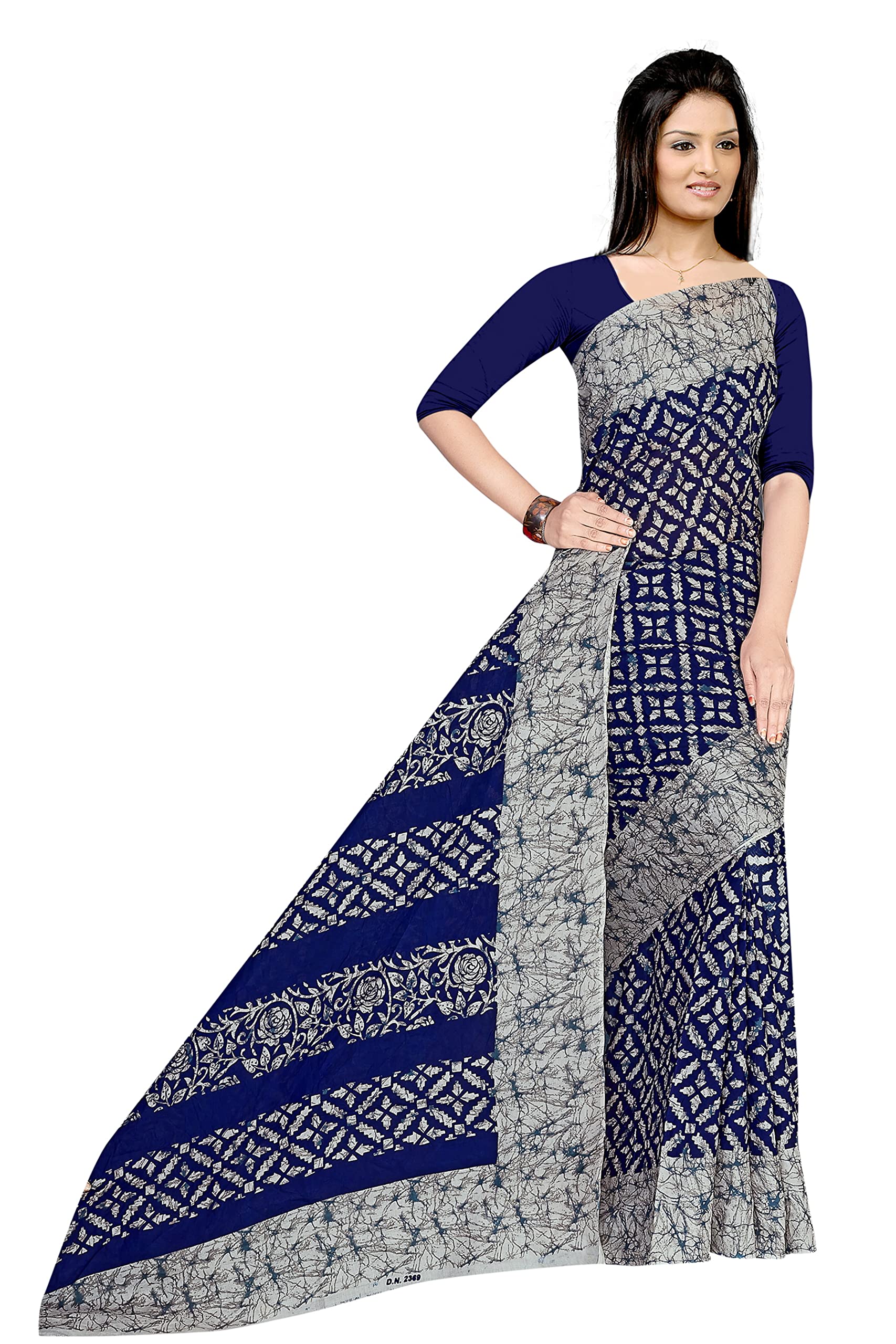 Tamaira Fashion Women's Plain Weave Pure Cotton Saree Without Blouse Piece (2369_Greyandblue)