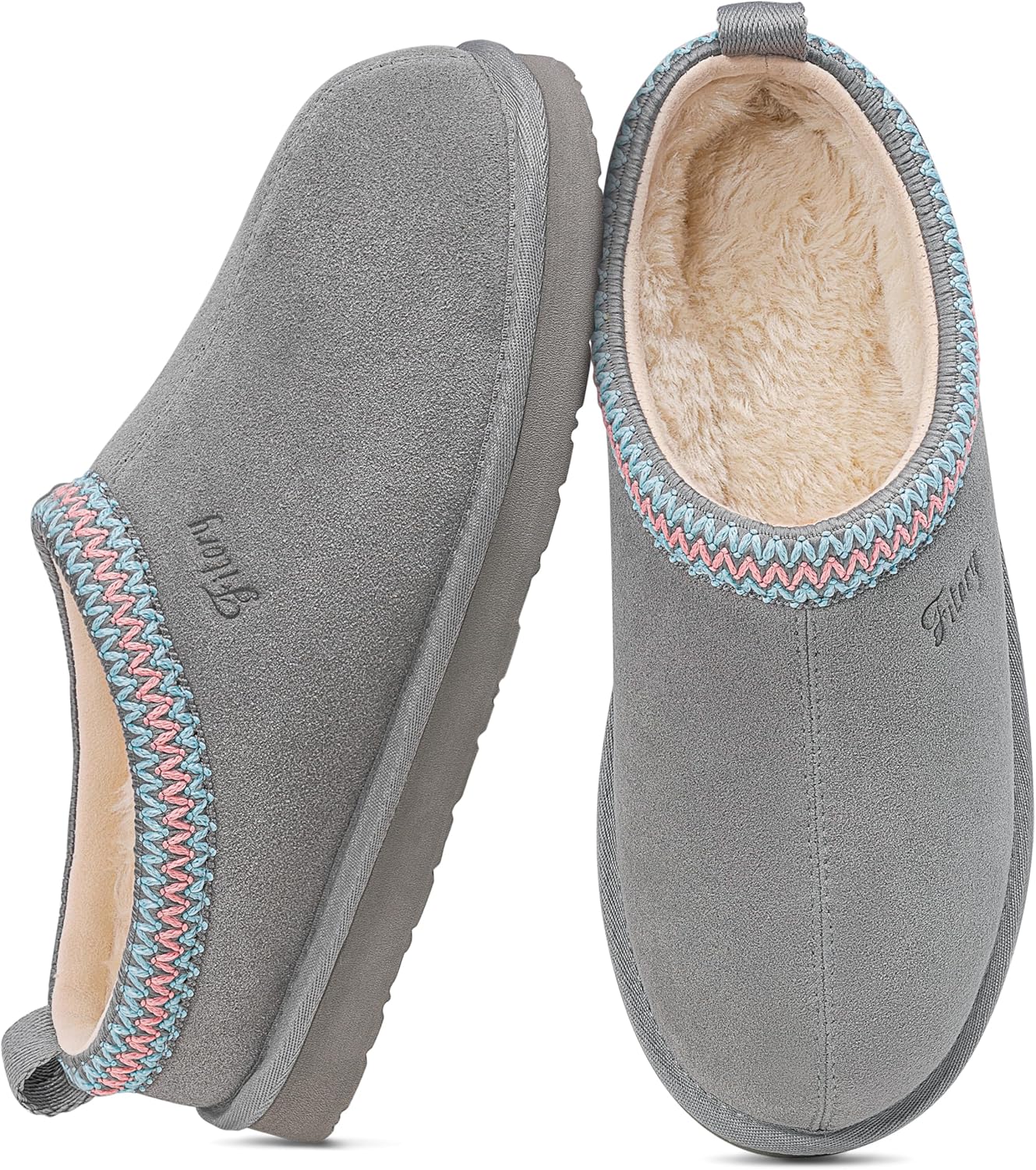 FITORY Women's Suede Slipper, Flat Slip On House Shoes with Faux Fur Lining Indoor Outdoor Short Mini Boots