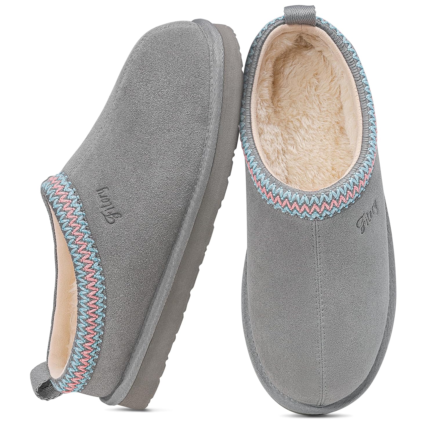FITORY Womens Suede Slipper Flat Slip On House Shoes with Faux Fur Lining Indoor Outdoor Short Mini Boots