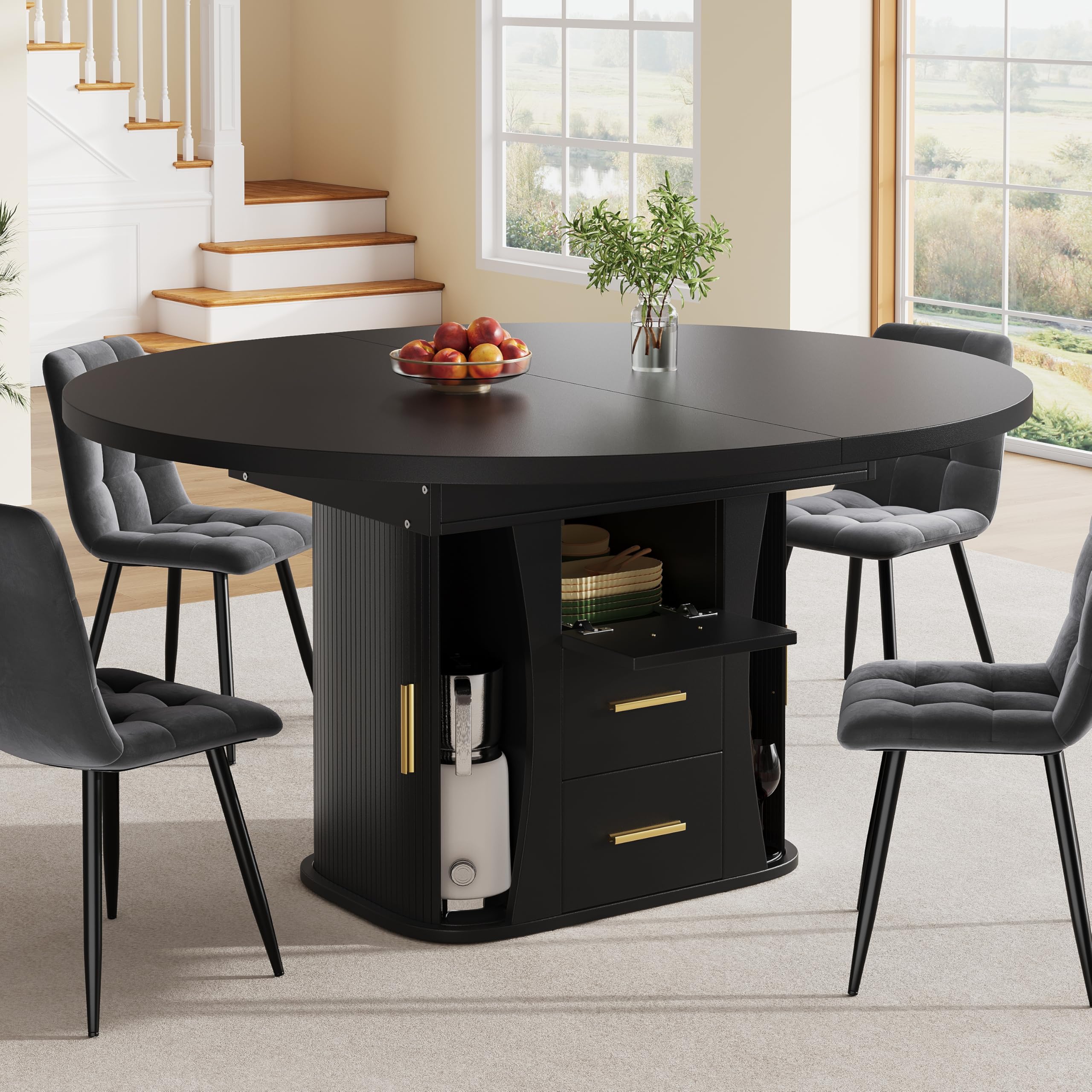 Merax Extendable Round Dining Table 118-158×118x77cm, Oval Kitchen Dining Room Table, with 3-layer storage, walnut grain finish, for 6 People, for Home & Living Room, black — image 1