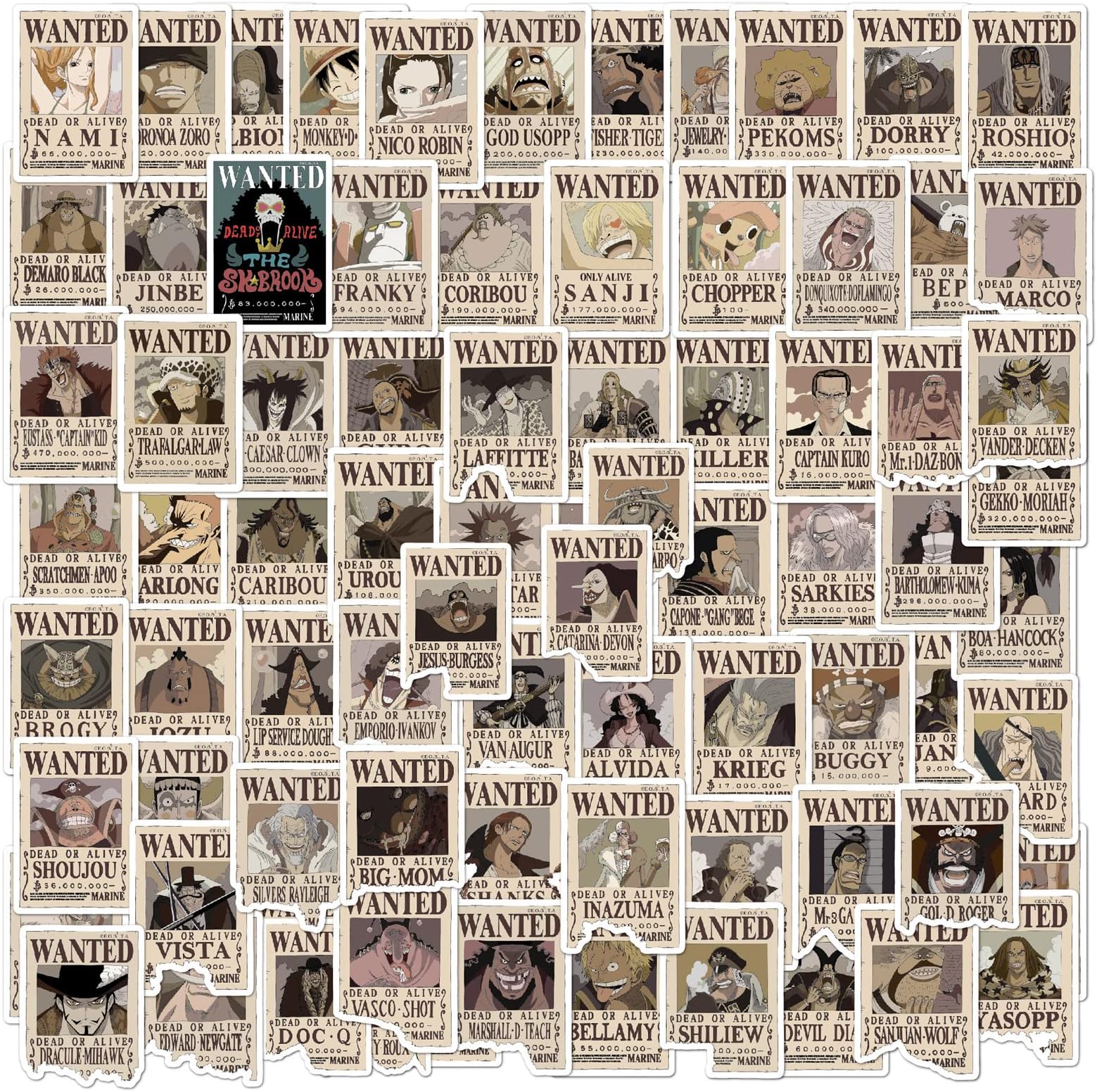 80pcs Anime Wanted Poster Stickers, Cute Vinyl Waterproof Pirate Manga Sticker for Notebook, Water Bottles, Laptop, Skateboards, Luggage, Phone Suitcase, Guitar