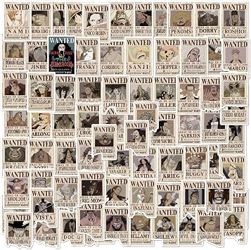 80pcs Anime One Piece Wanted Poster Stickers, Cute Vinyl Waterproof Pirate Manga Sticker for Notebook, Water Bottles, Laptop, Skateboards, Luggage, Phone Suitcase, Guitar