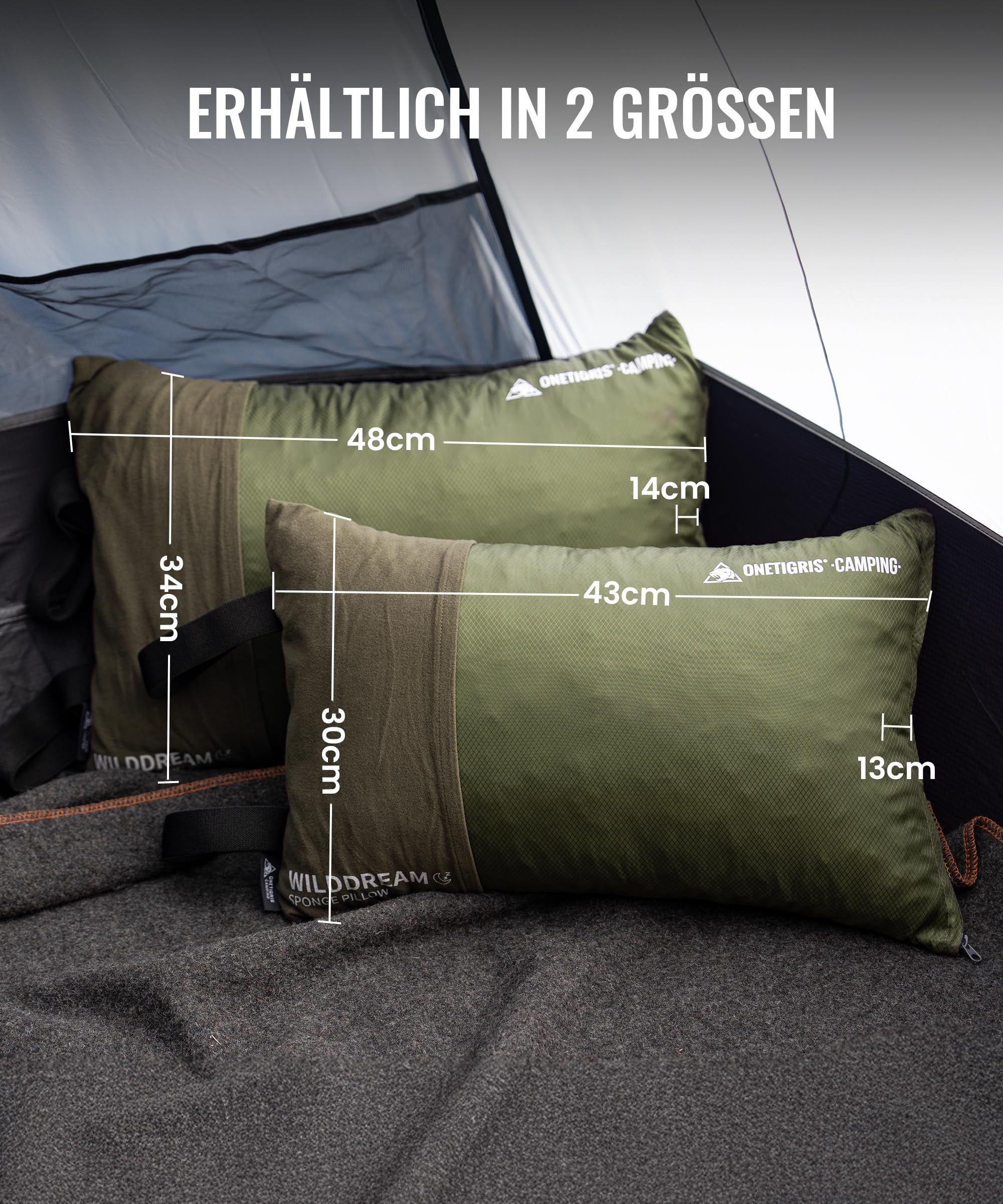 OneTigris WILDDREAM Cuscino per esterni, cuscino da viaggio in memory foam, 48 x 34 x 14 cm | verde, cuscino da campeggio, cuscino in memory foam triturato, comprimibile, per viaggi con zaino, auto e attività all'aperto